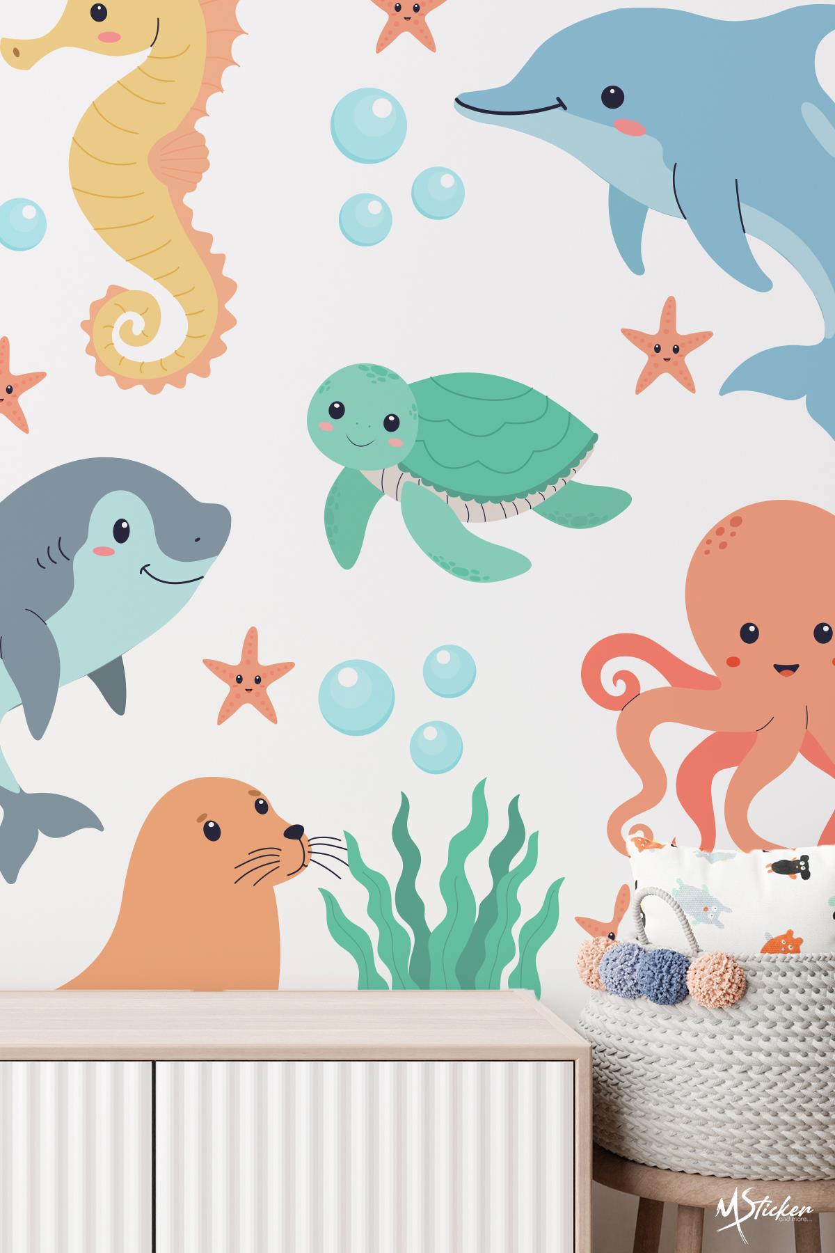 Sevimli Okyanus Canlıları Sticker Seti, Okyanus ve Deniz Canlıları Sevimli Hayvanlar Sticker Seti