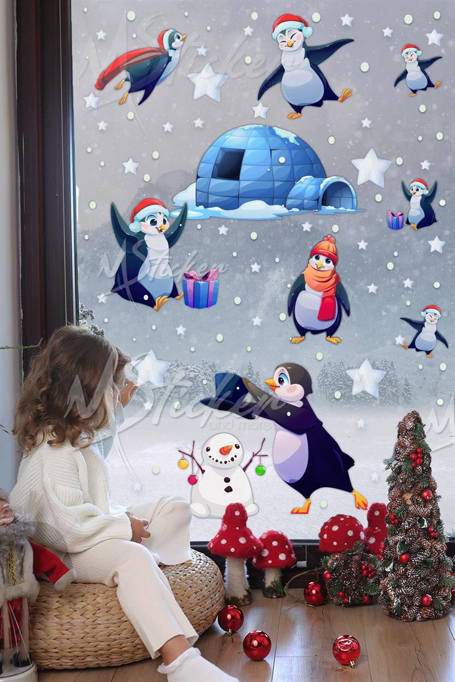 Sevimli Penguenler Kutup Macerası Kış Konseptli Yeni Yıl Yılbaşı Sticker Seti, Kış Konseptli Sticker