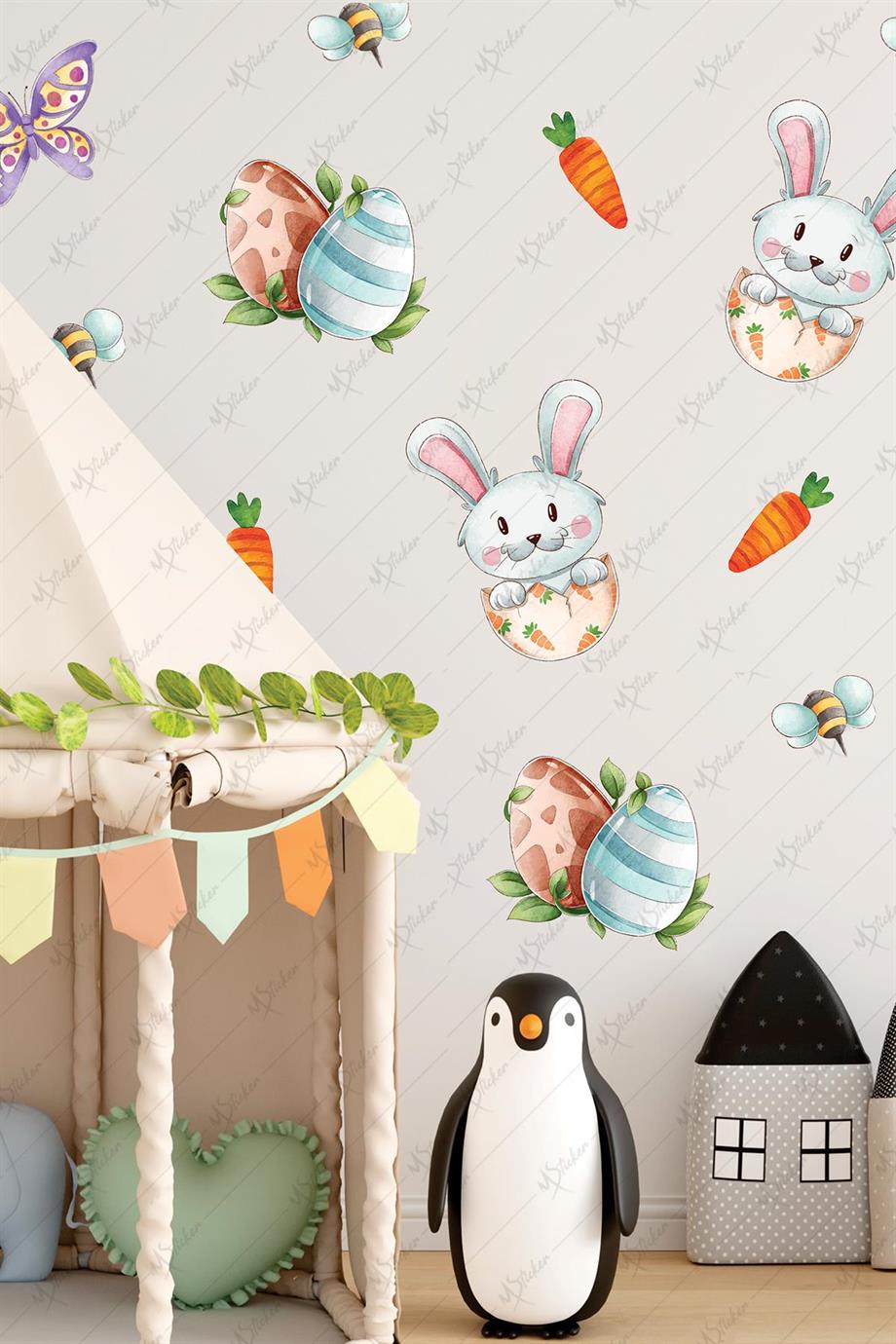 Sevimli Tavşan, Yumurta ve Bahar Figürleri Sticker Seti, Paskalya Tavşanı Sticker Seti