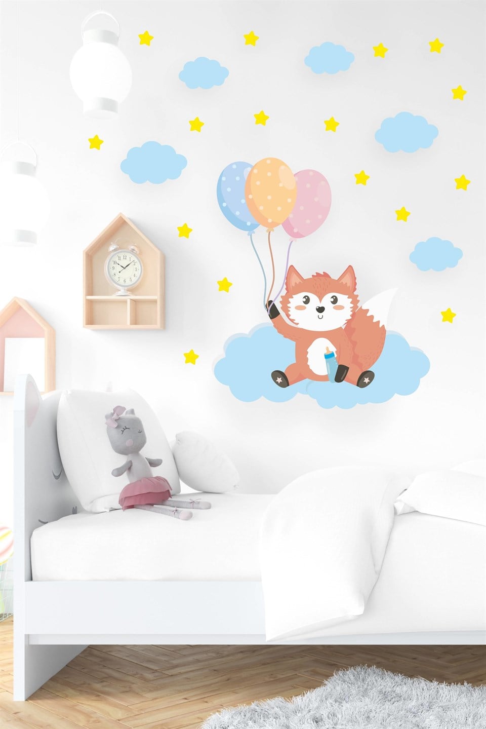 Sevimli Tilki Bulutlar ve Yıldızlar Çocuk Bebek Odası Sticker