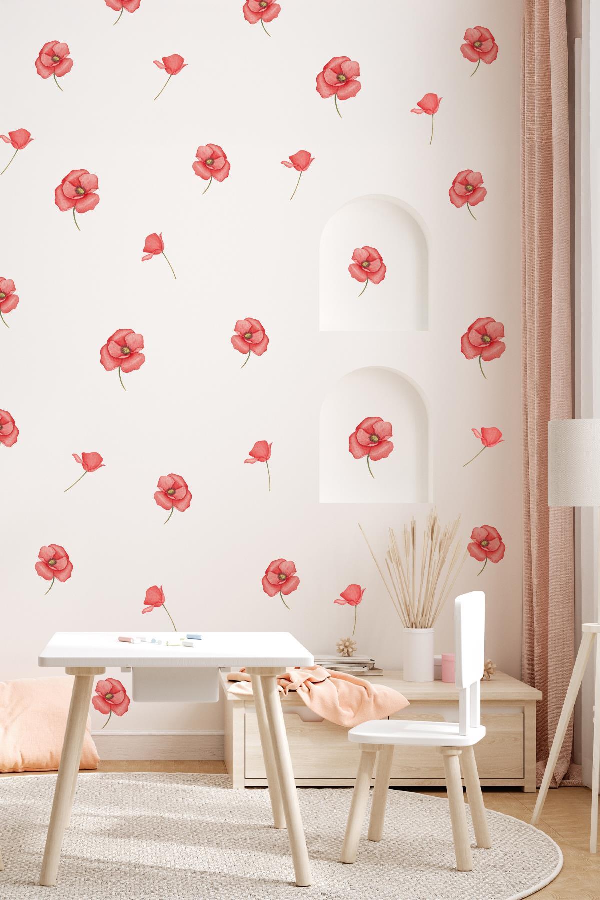 Soft Fuşya Renkli Çiçeklerden Oluşan Sticker Seti 48 Parça Özel Kesimli Mat Yüzeyli Sticker