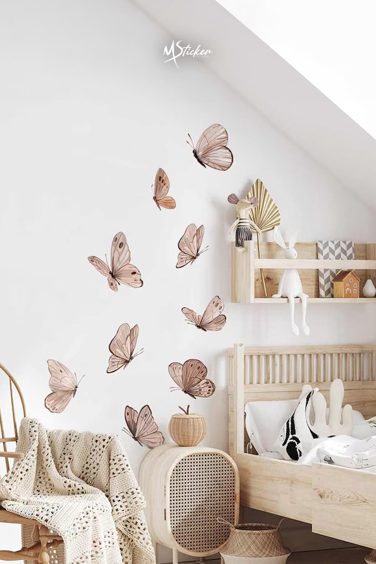 Soft Kahve Tonlarda Kelebekler Çocuk Bebek Odası Salon Duvar Cam Dolap Sticker Seti