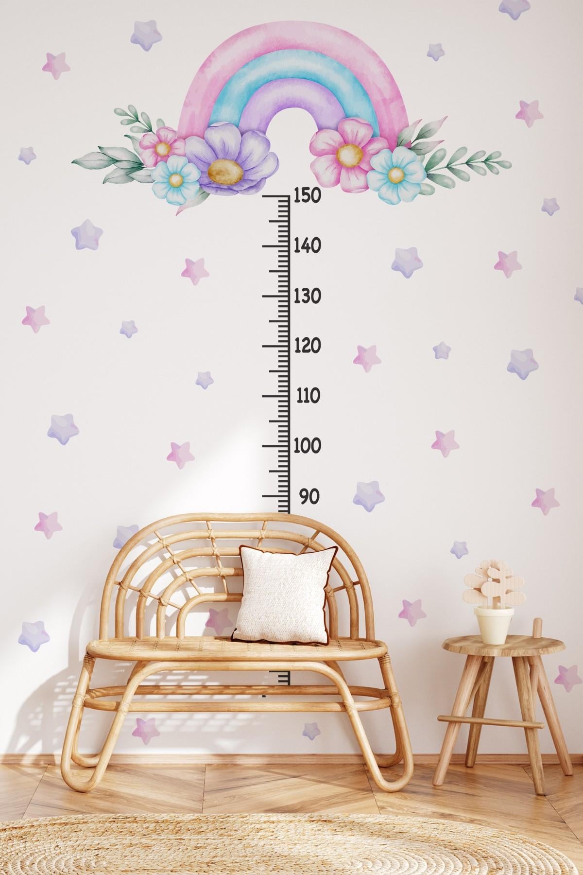 Soft Pembe Renklerde Gökkuşağı Çiçekler ve Yıldızlar Temalı Boy Ölçer Boy Cetveli Sticker Seti Çocuk