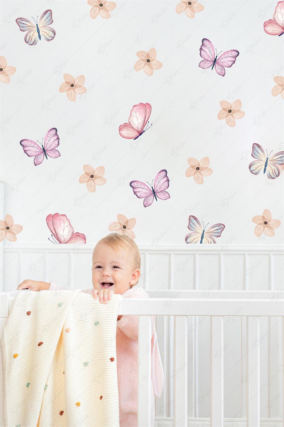 Soft Renklerde Kelebekler ve Çiçekler Çocuk Bebek Odası Cam Duvar Sticker  Seti