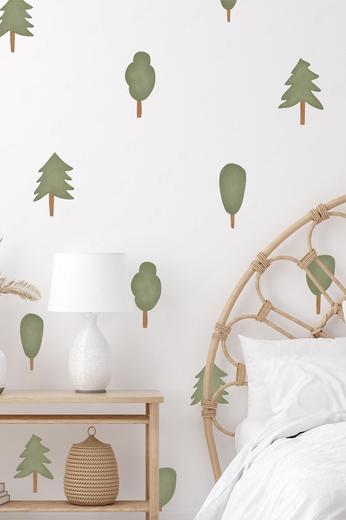 Soft Renklerde Sevimli Ağaçlar Çocuk Bebek Odası Cam Duvar Sticker Seti , Özel Çizim Ağaçlar Sticker