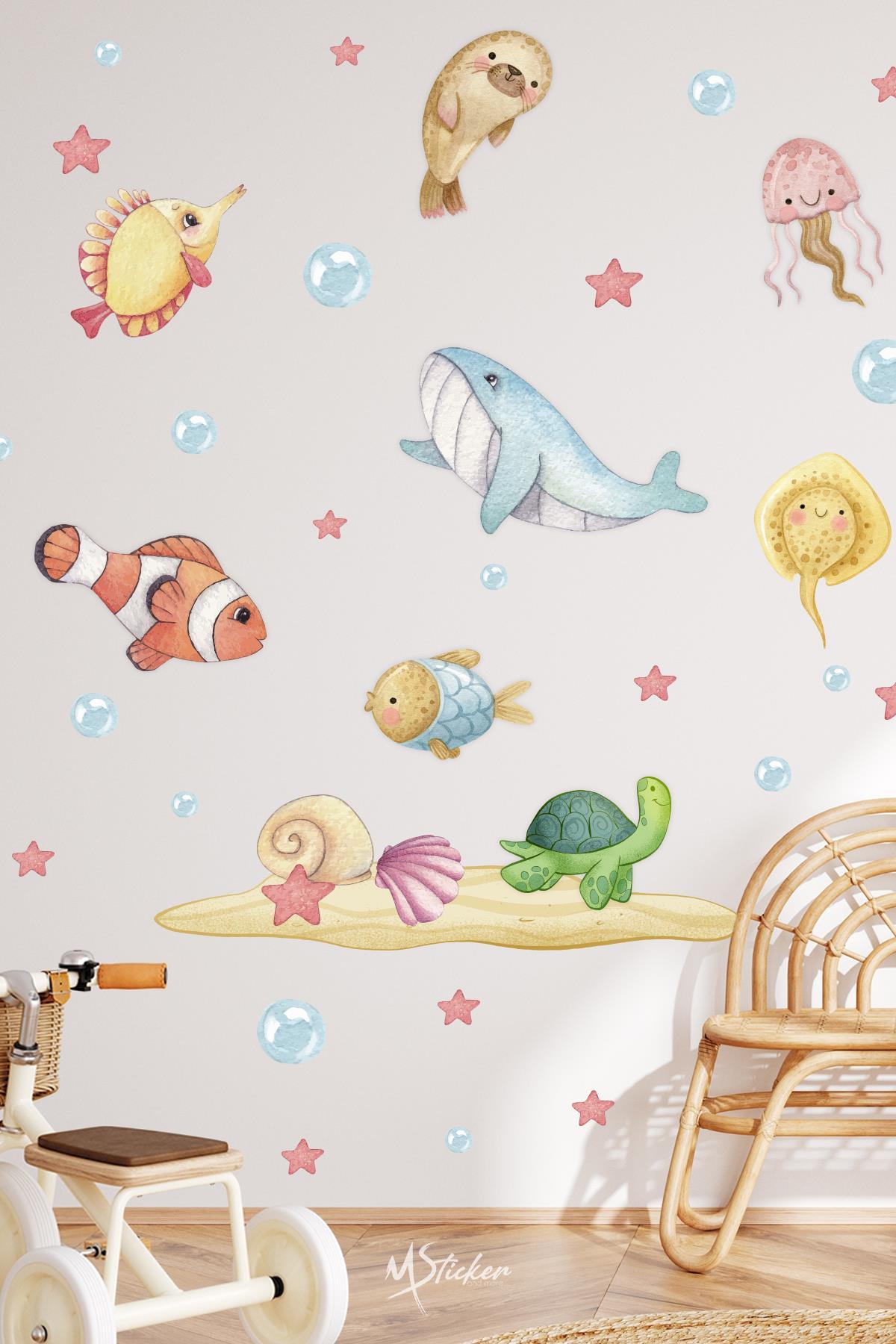 Soft Renklerde Sevimli Hayvanlar Çocuk Bebek Odası Sticker Seti, Sevimli Deniz Okyanus Hayvanları