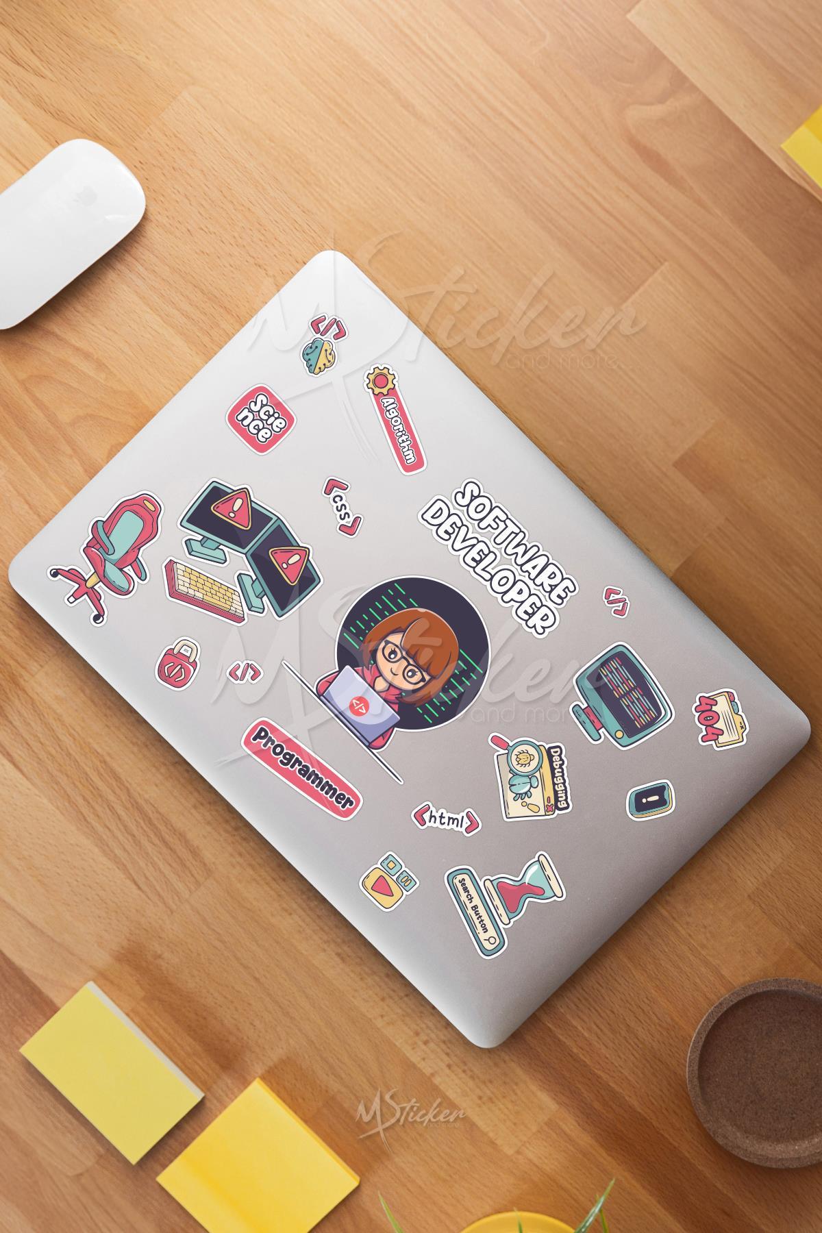 Software Developer Temalı Laptop Telefon Termos Kask Motor Ayakkabı Defter Ajanda Sticker Seti