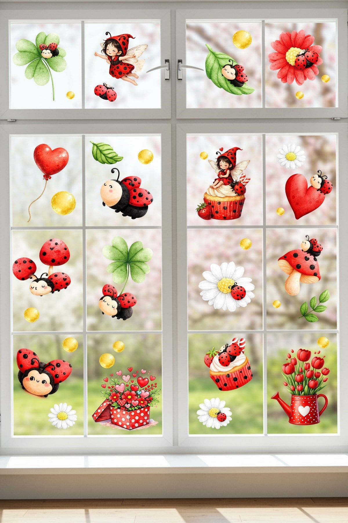 Uğur Böceği Çift Taraflı Cam Sticker Seti 44 Parça | Sevimli Papatya, Kalp ve Peri Figür Cam Sticker
