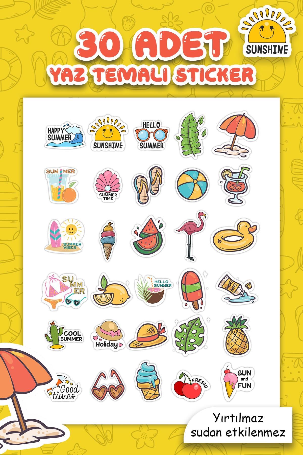Yaz Temalı Sudan Etkilenmeyen Sticker Seti 30 Parça Tüm Yüzeylere Uygun Sticker Deniz Tatil Sticker
