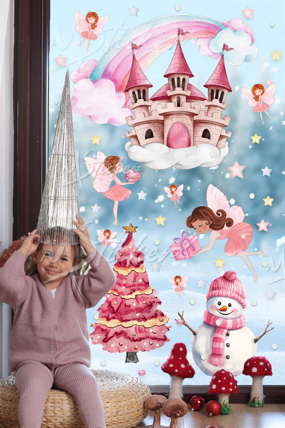 Yeni Yılın Pembe Rüyası Cam Duvar Sticker Seti, Pembe Rüya Yılbaşı Sticker Seti Yılbaşı Süsü Periler