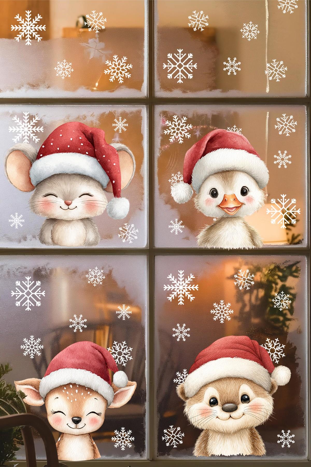 Yılbaşı Cam Sticker Seti – Sevimli Figürler ve 42 Kar Tanesi | Çift Taraflı Kullanım | Süsleme