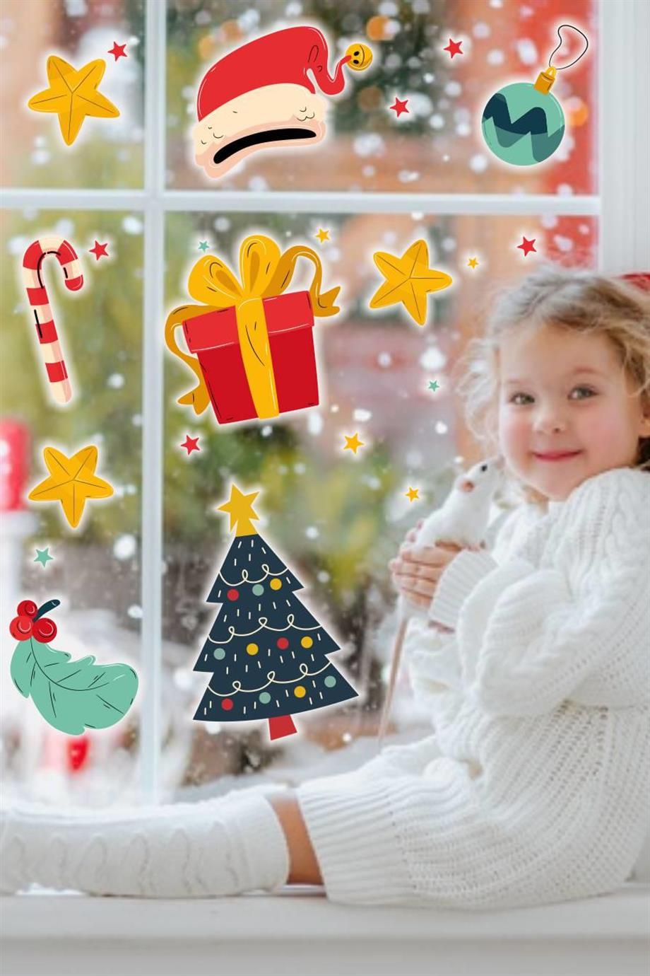 Yılbaşı Özel Çam Ağacı,Hediye Paketi,Noel Süsleri Duvar-Cam Sticker