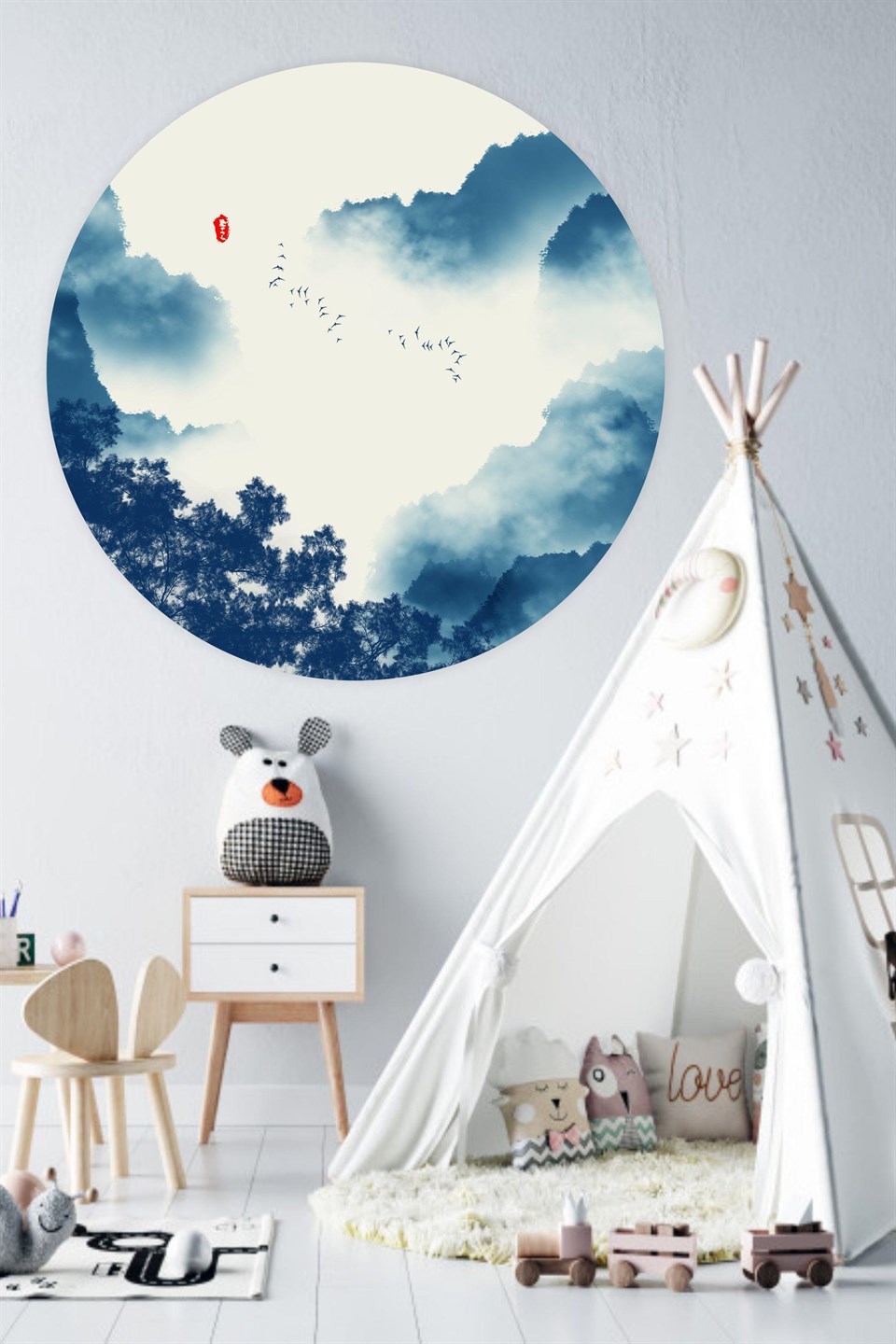 Yuvarlak Mavi Tonlarda Manzara Duvar Sticker (95x95 cm)