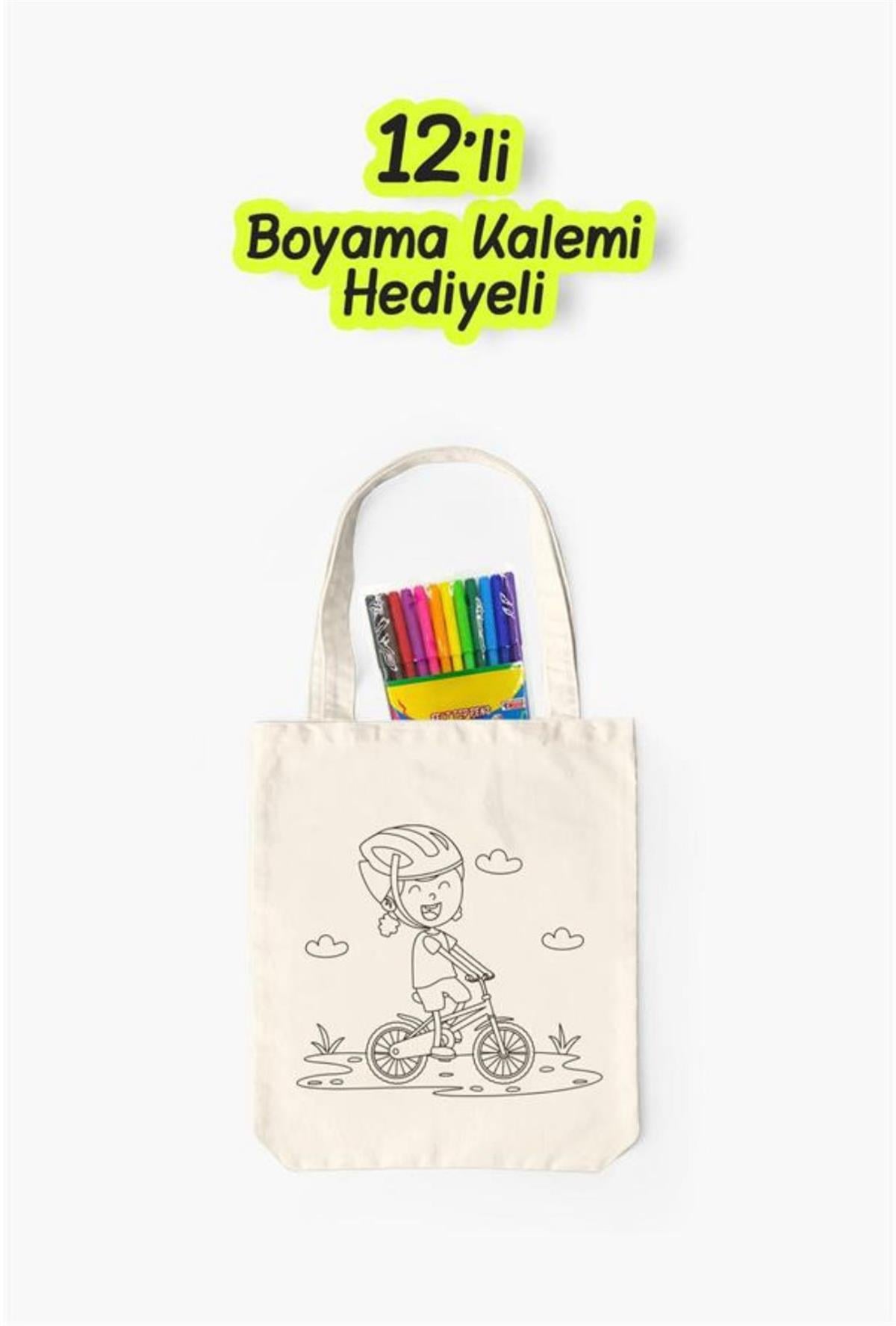 Eğlenceli Bez Çanta Boyama Seti- Bisikletli Kız