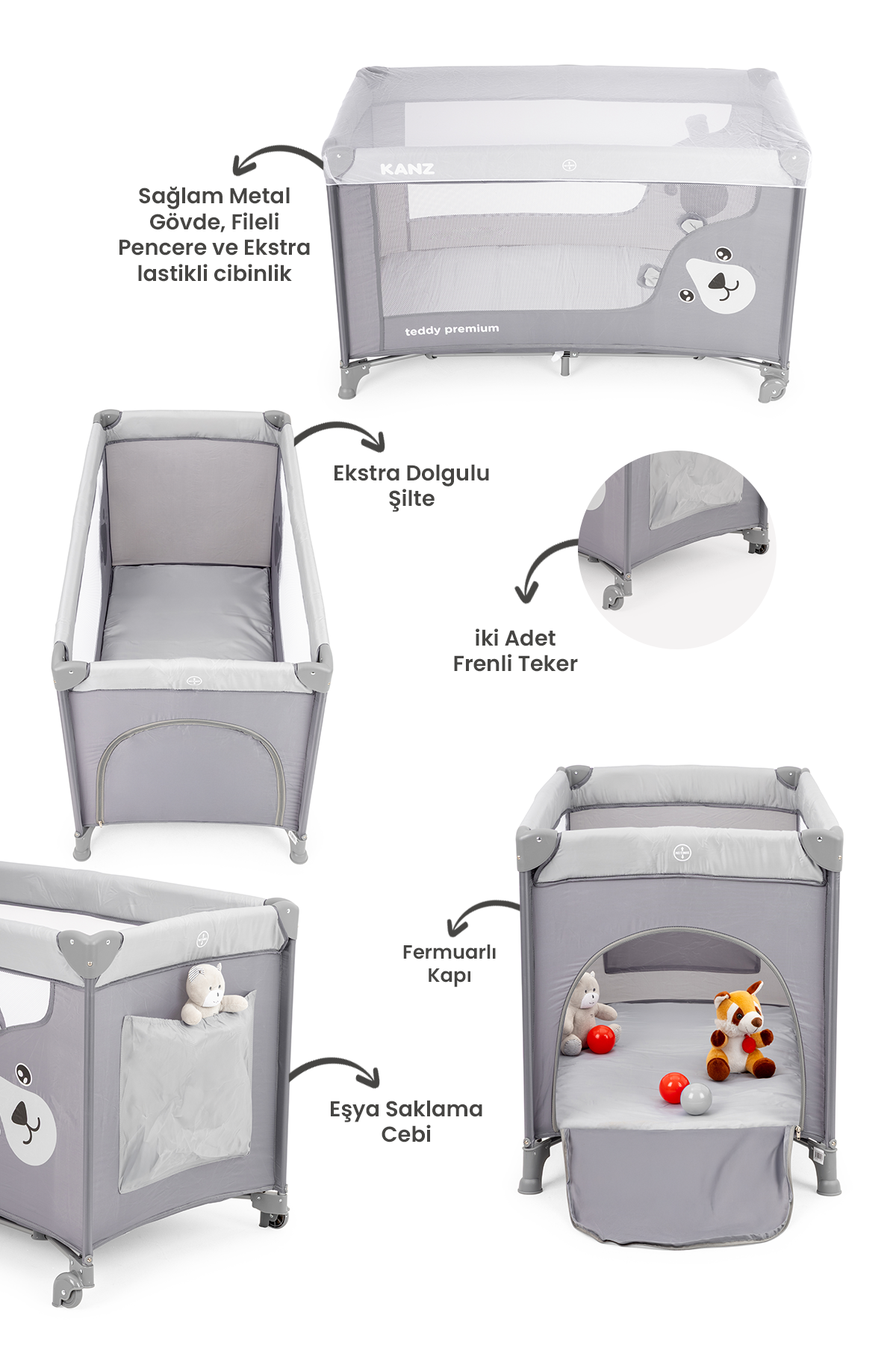 Kanz Teddy Premium Oyun Parkı ve Park Yatak Gri 60 x 120|PARK