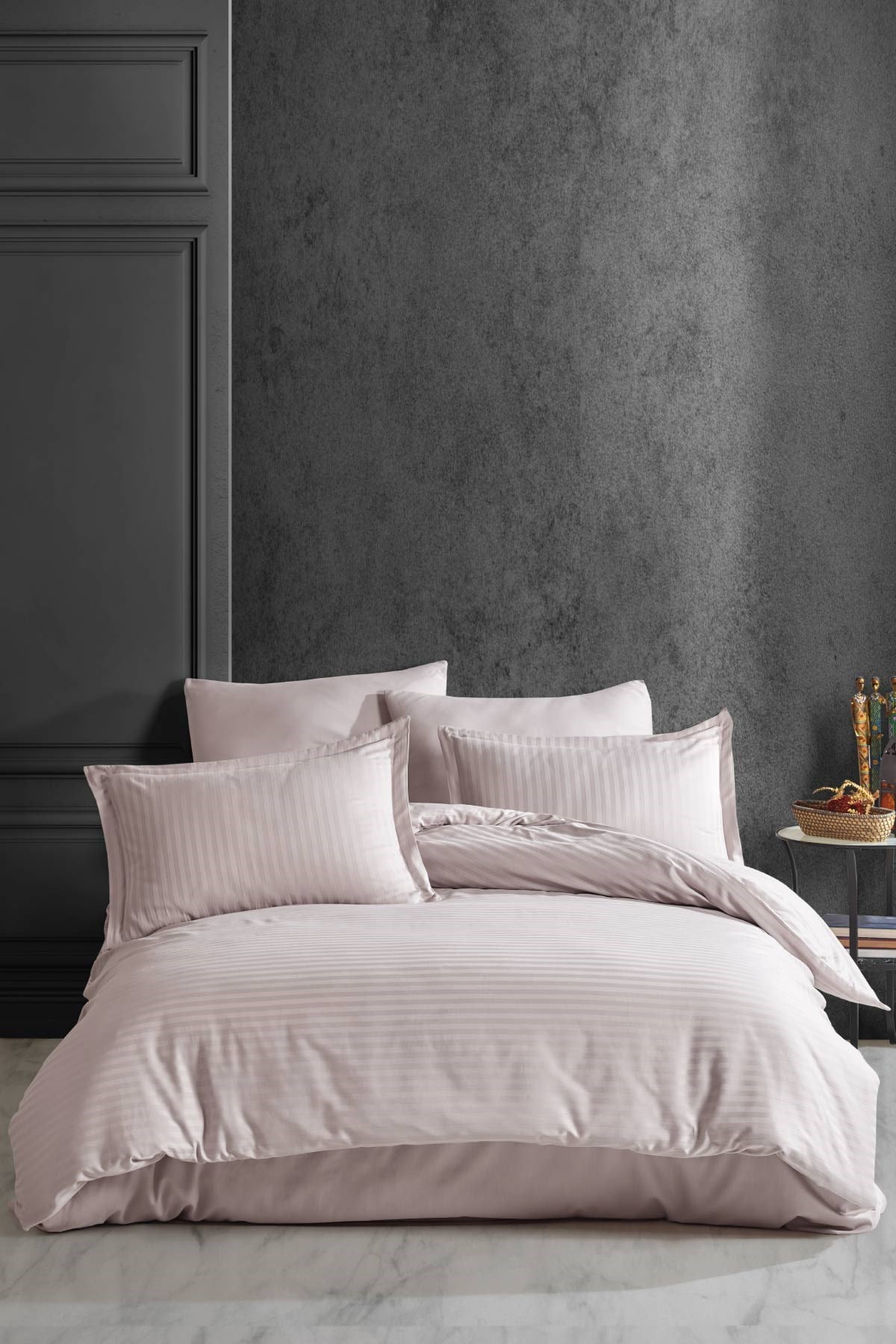 Clasy Çizgili Saten %100 Pamuk Nevresim Takımı Çift Kişilik Düz Renk V1 Taş Rengi