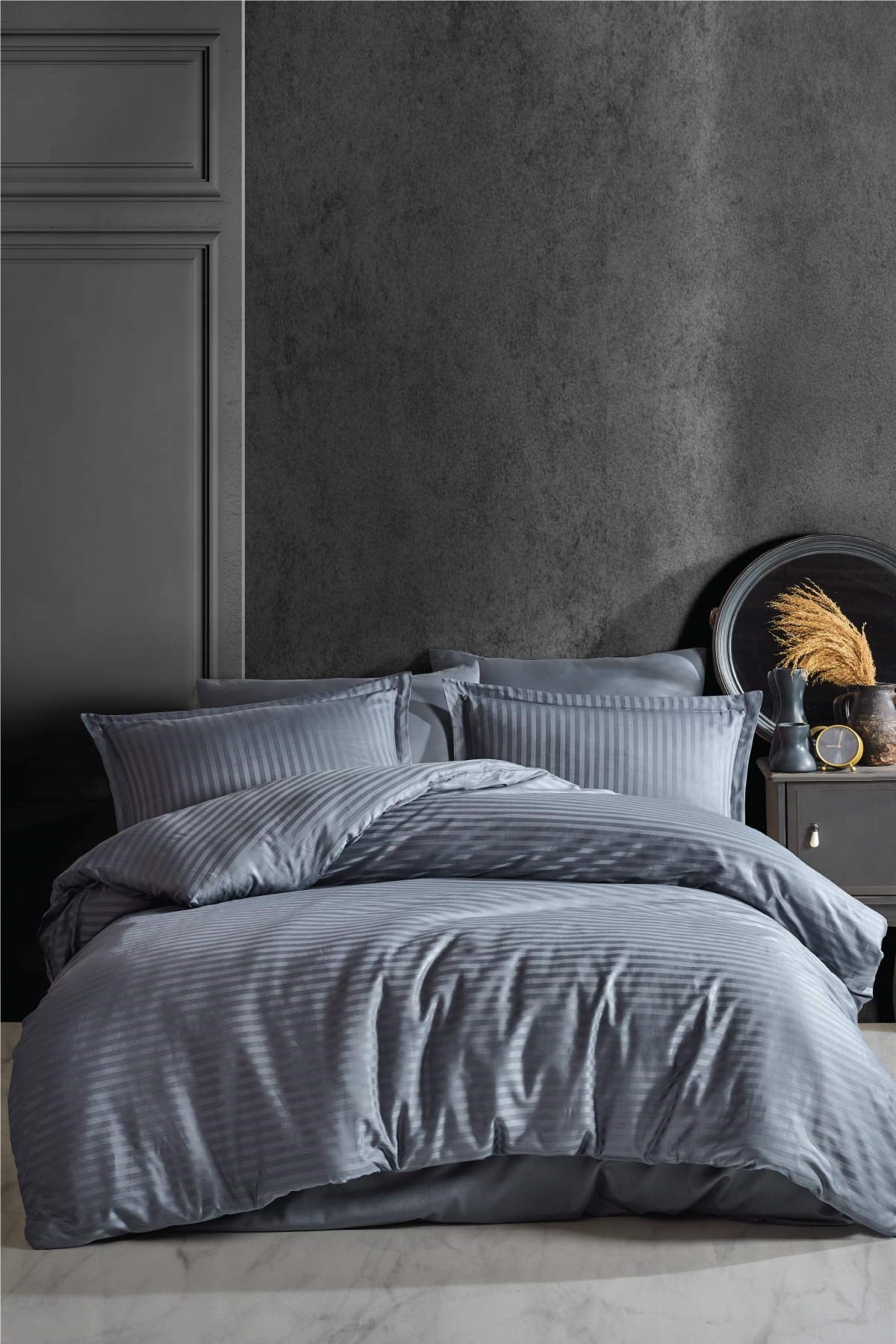 Clasy Çizgili Saten %100 Pamuk Nevresim Takımı Çift Kişilik Düz Renk V1 Antrasit
