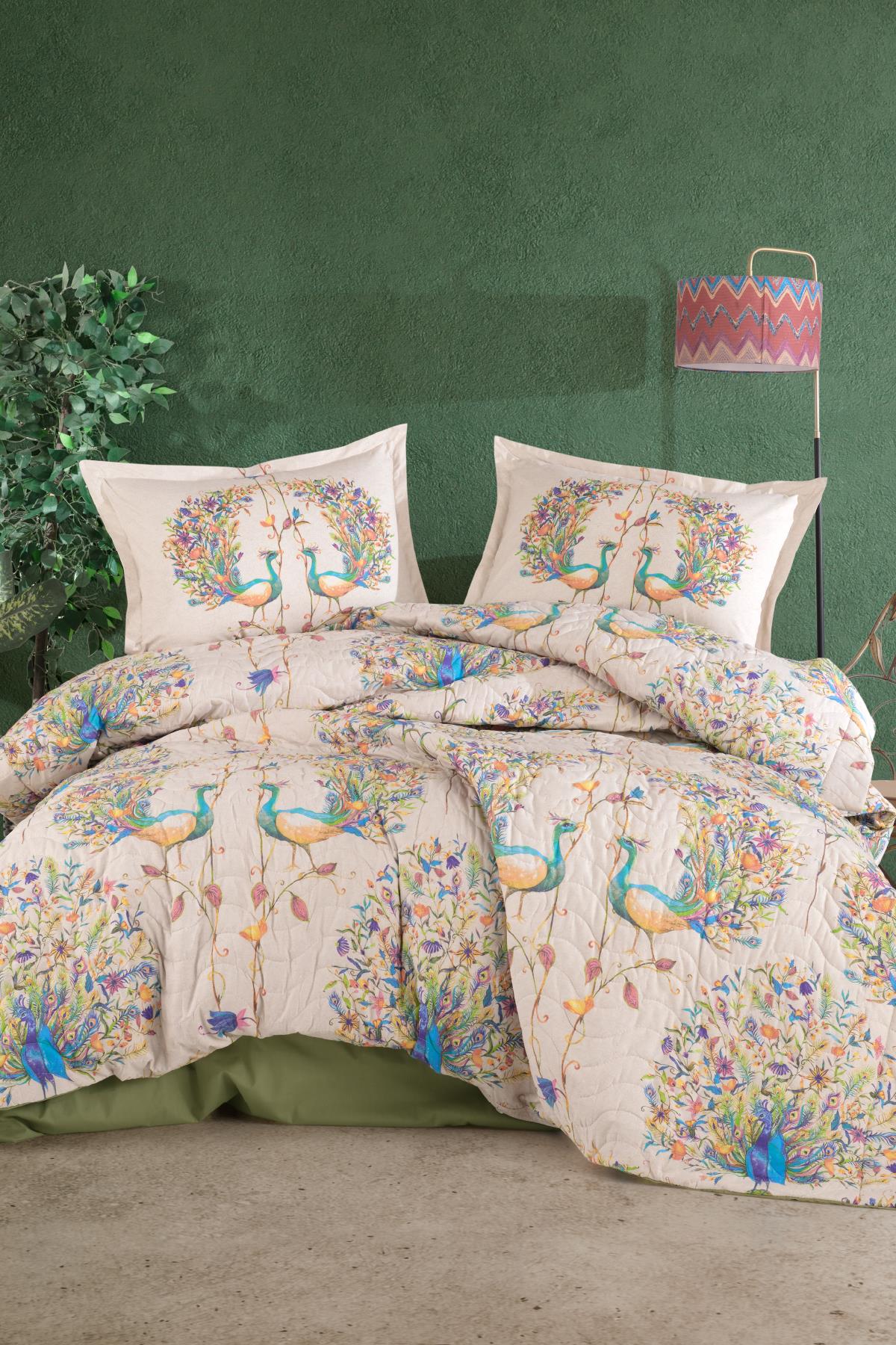 Clasy Ranforce %100 Pamuk Çift Kişilik Dört Mevsim Set Pavone V1 Yeşil