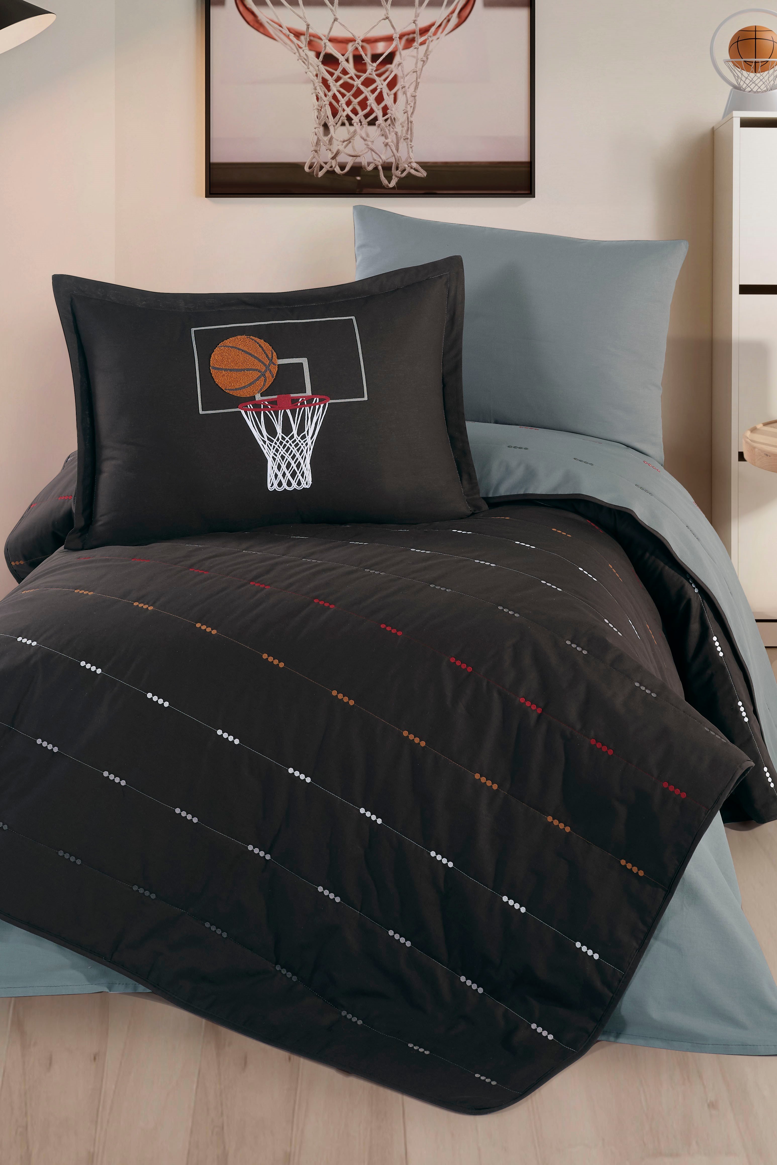 Clasy Ranforce %100 Pamuk Nakışlı Tek Kişilik Yatak Örtüsü Seti Hoop V2 Antrasit