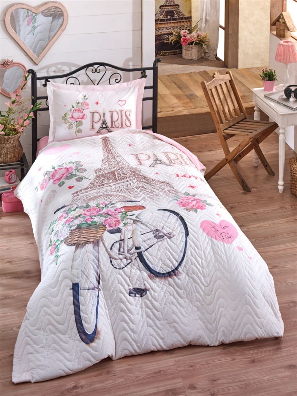 Clasy Ranforce %100 Pamuk Tek Kişilik Dört Mevsim Set Paris Love V1 Pembe