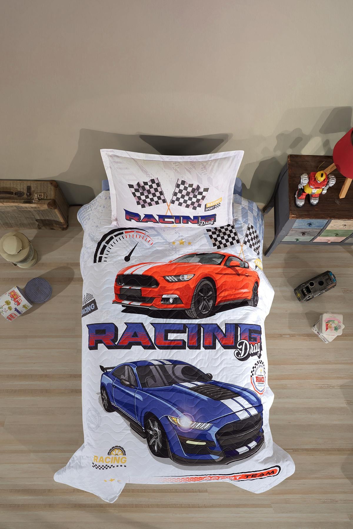 Clasy Ranforce %100 Pamuk Tek Kişilik Dört Mevsim Set Racing Drag V1 Mavi