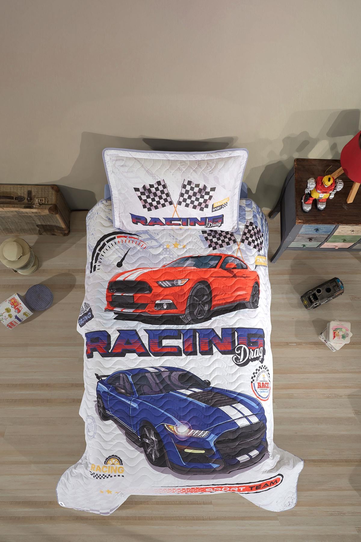 Clasy Ranforce %100 Pamuk Tek Kişilik Yatak Örtüsü Seti Racing Drag V1 Mavi