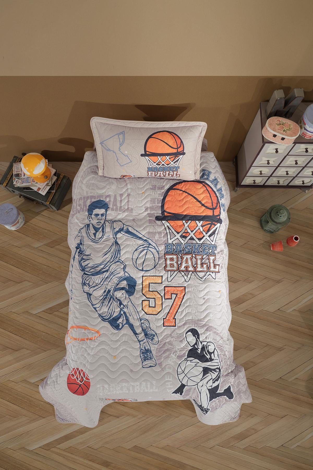 Clasy Ranforce %100 Pamuk Tek Kişilik Yatak Örtüsü Seti Basketball V1 Bej