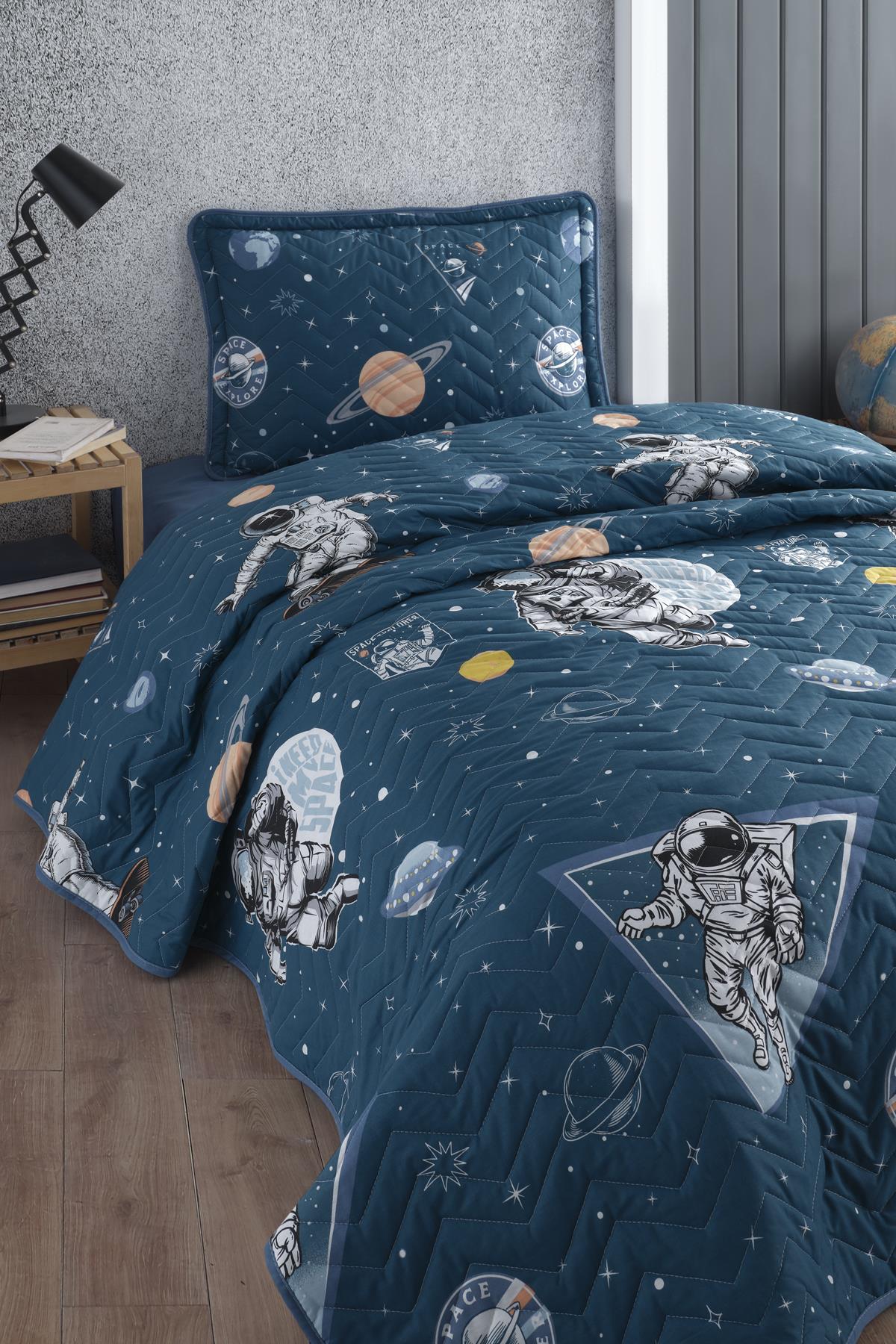 Nordqueen Ranforce  %100 Pamuk Tek Kişilik Yatak Örtüsü Seti Galaxy v1 Lacivert