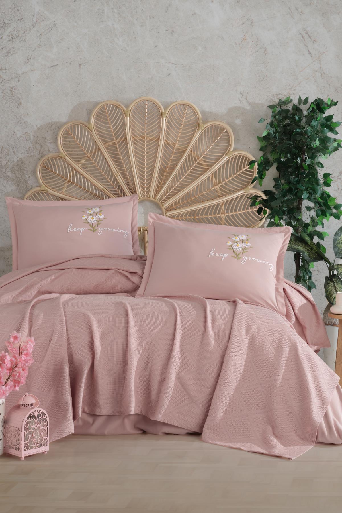 Clasy Butik Nakış Detaylı Tek Kişilik Püsküllü Pike Takımı Etta V4 Pudra