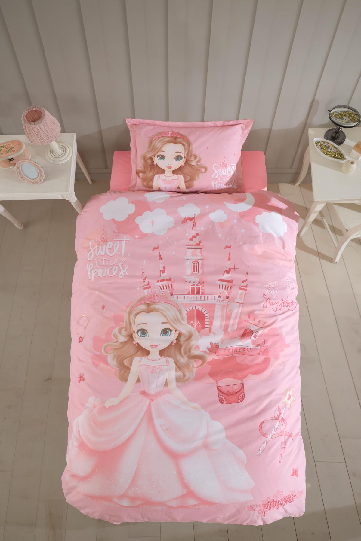 Clasy Ranforce %100 Pamuk Nevresim Takımı Tek Kişilik Sweet Princess V1 Pudra