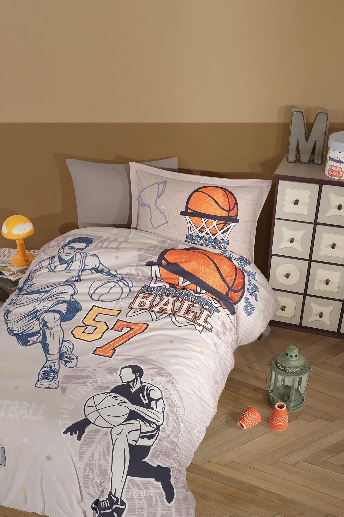 Clasy Ranforce %100 Pamuk Nevresim Takımı Tek Kişilik Basketball V1 Bej
