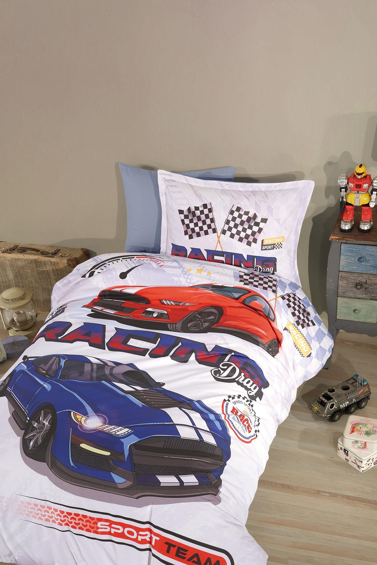 Clasy Ranforce %100 Pamuk Nevresim Takımı Tek Kişilik Racing Drag V1 Mavi
