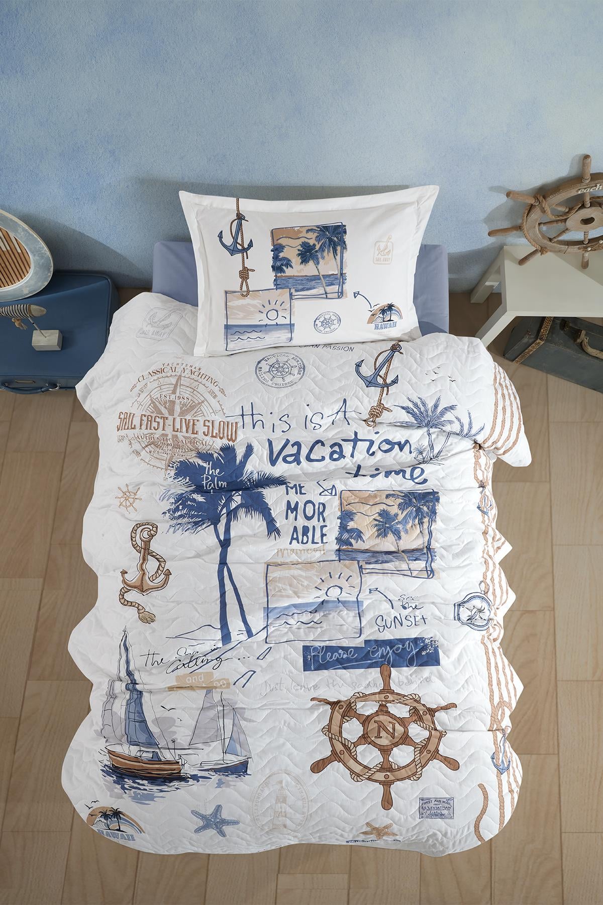 Clasy Ranforce %100 Pamuk Tek Kişilik Dört Mevsim Set Hawaii V1 Mavi