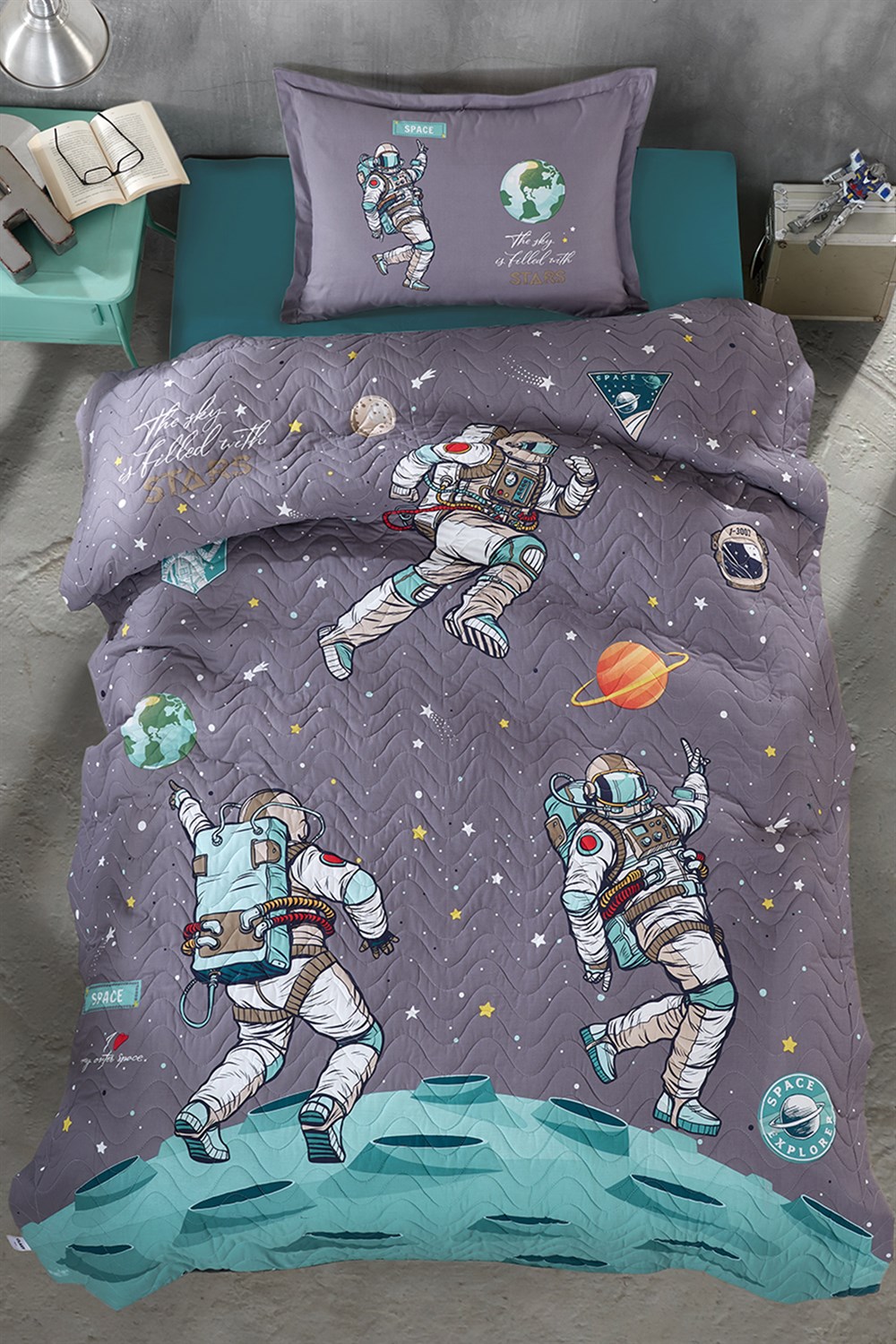 Clasy Ranforce %100 Pamuk Tek Kişilik Dört Mevsim Set Space V1 Antrasit