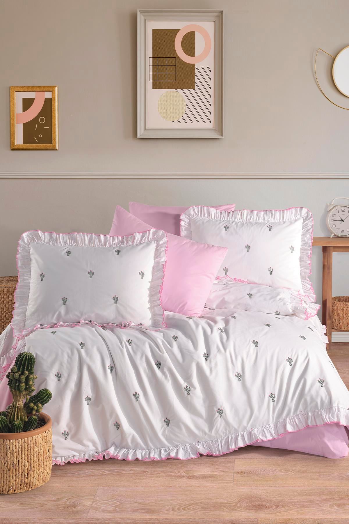 Nordqueen Ranforce %100 Pamuk Nakışlı Fırfırlı Nevresim Seti Ellas V1 Pembe