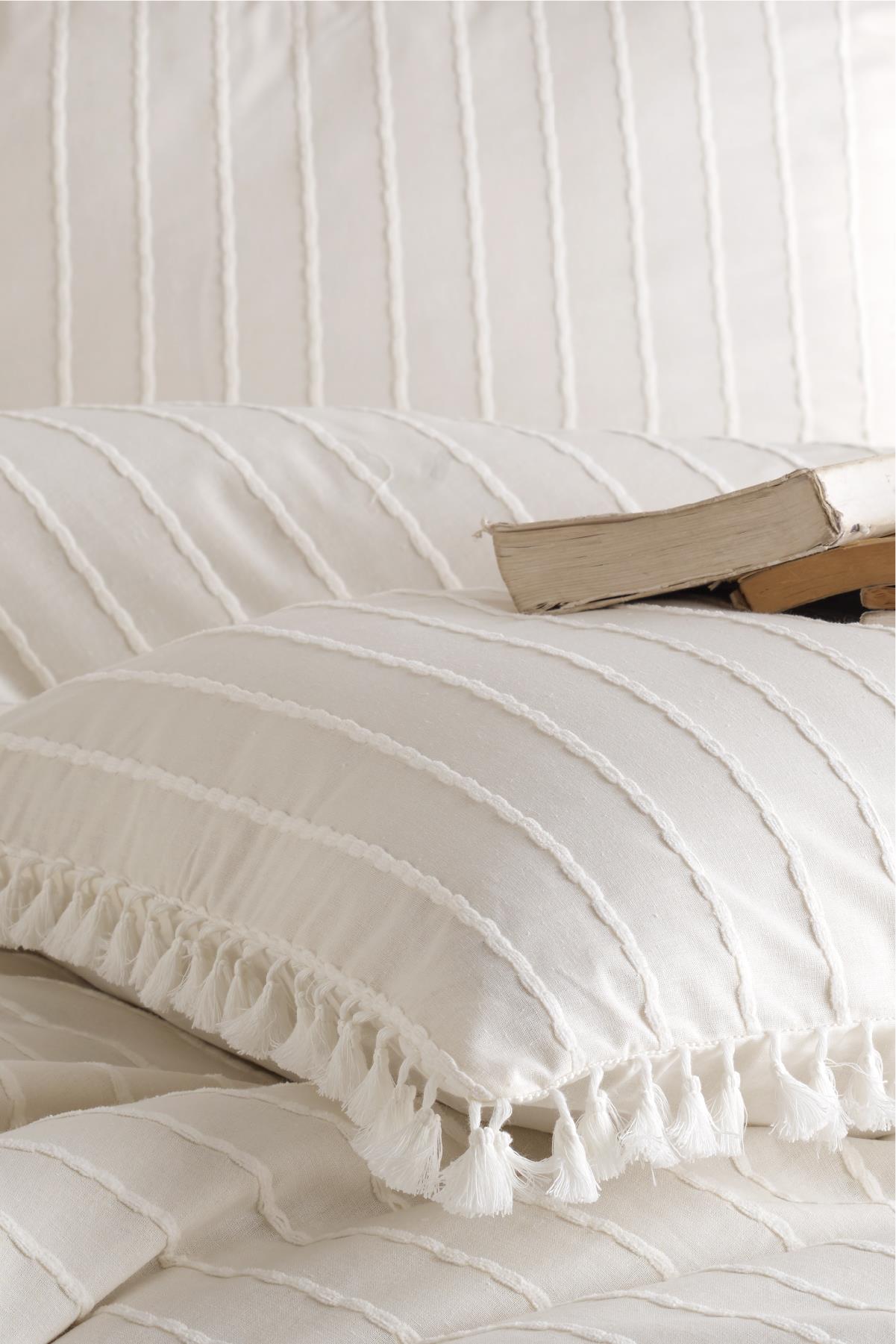 Nordqueen Ranforce %100 Pamuk Püsküllü Yastık Kılıfı 2'li 50x70 Cm Ekru