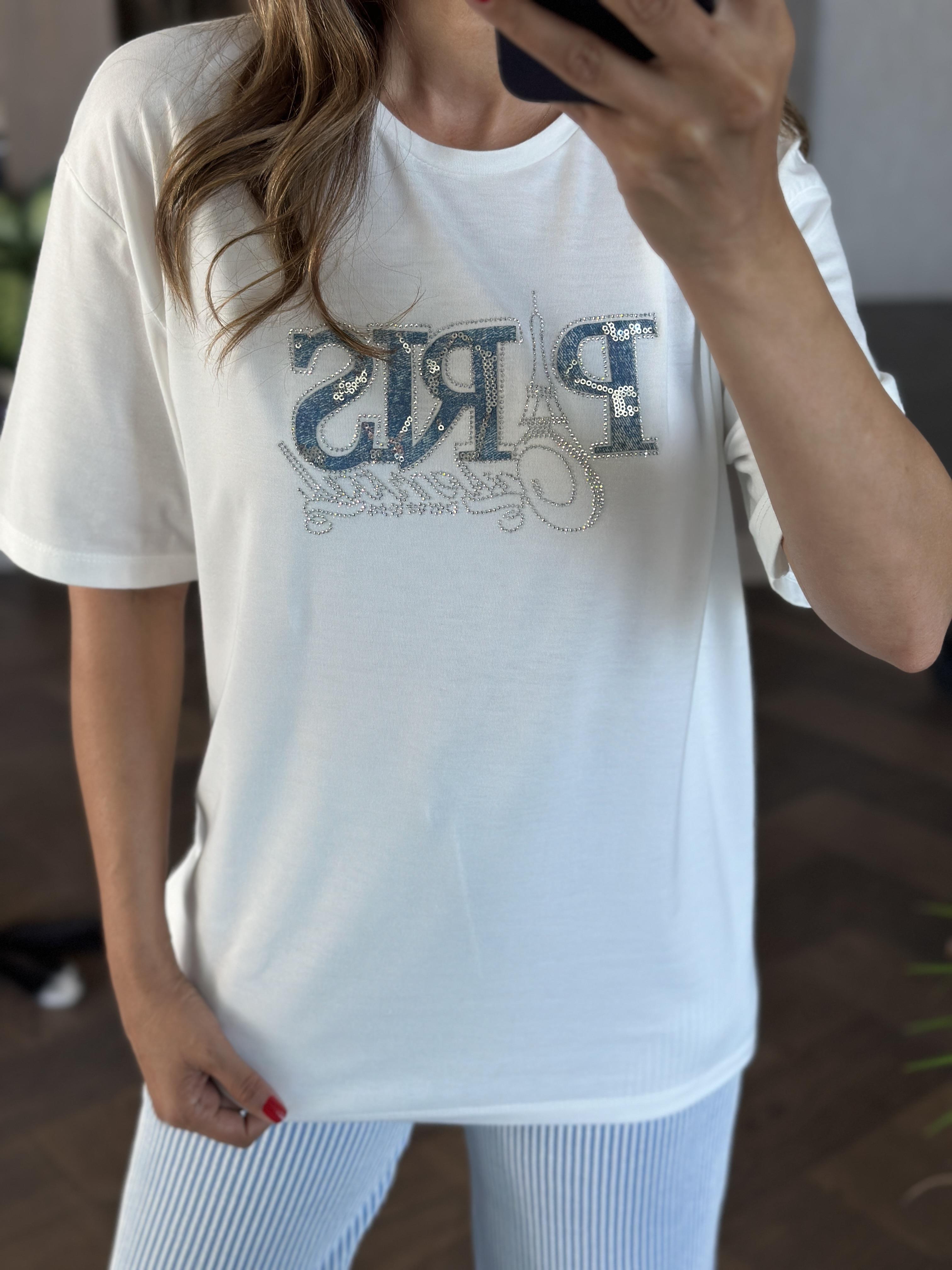 Beyaz Eyfel Taşlı Bisiklet Yaka Kadın T-Shirt