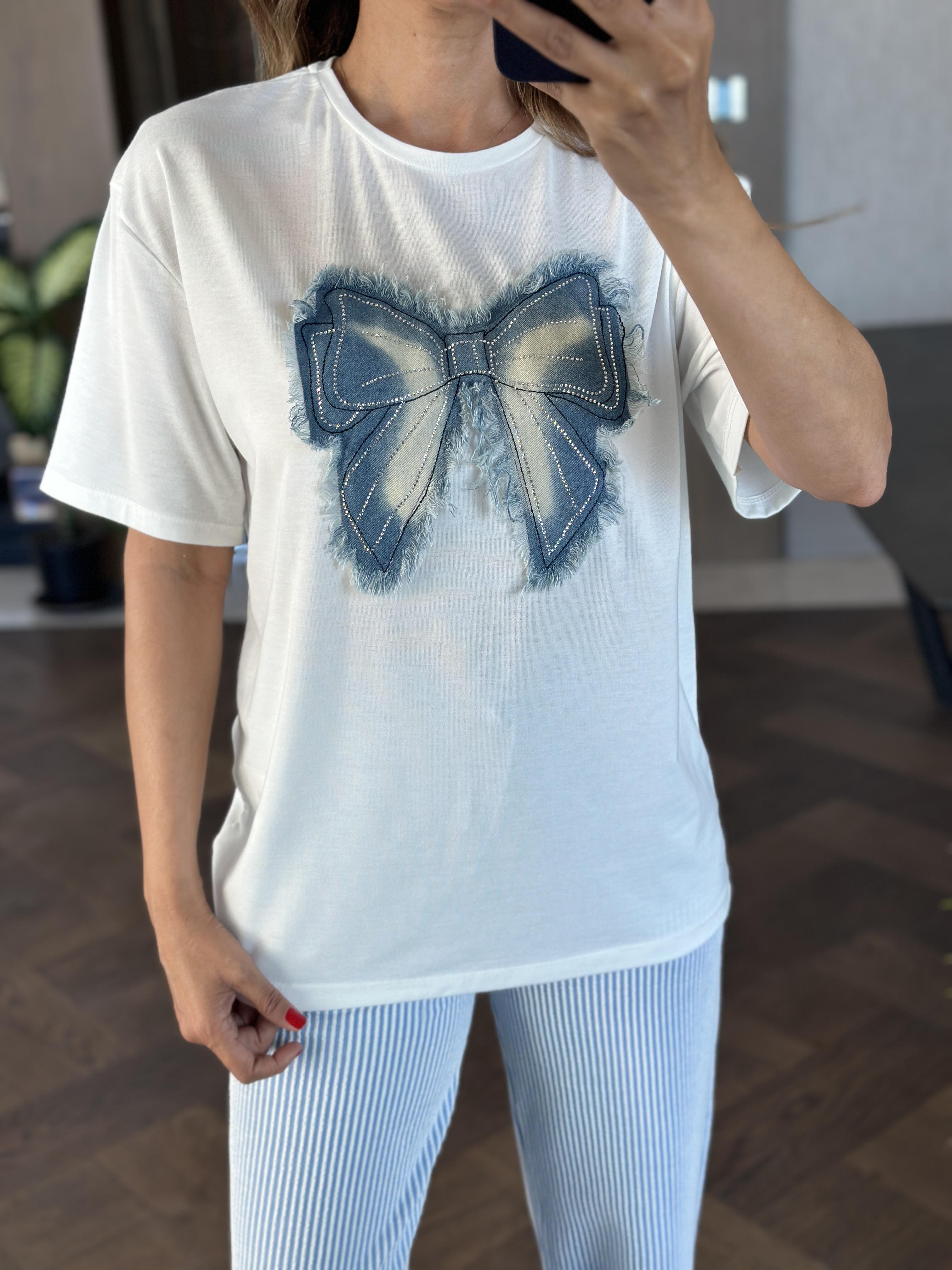  Beyaz Jean Fiyonklu Taşlı Kısa Kol Kadın T-Shirt