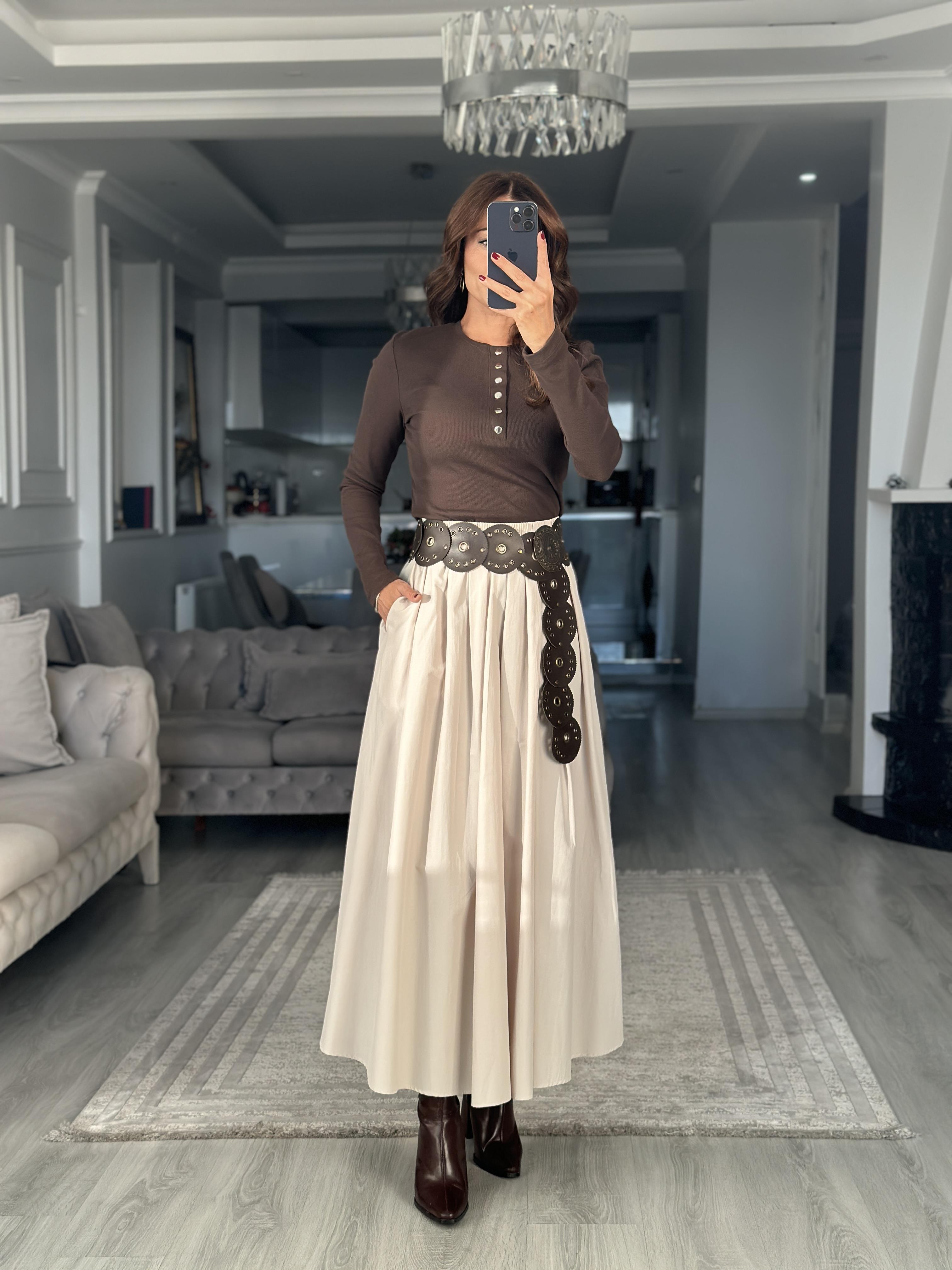 Acı Kahve Gümüş Çıtçıtlı Uzun Kollu Kaşkorse Kadın Body