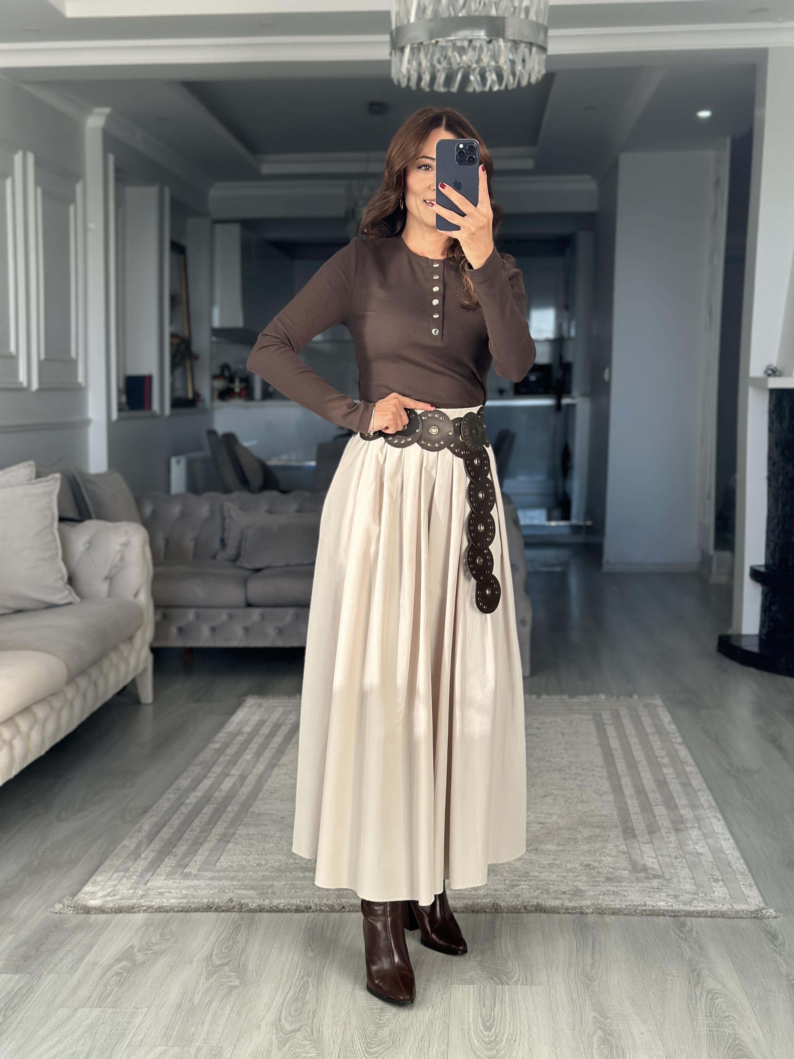 Acı Kahve Gümüş Çıtçıtlı Uzun Kollu Kaşkorse Kadın Body