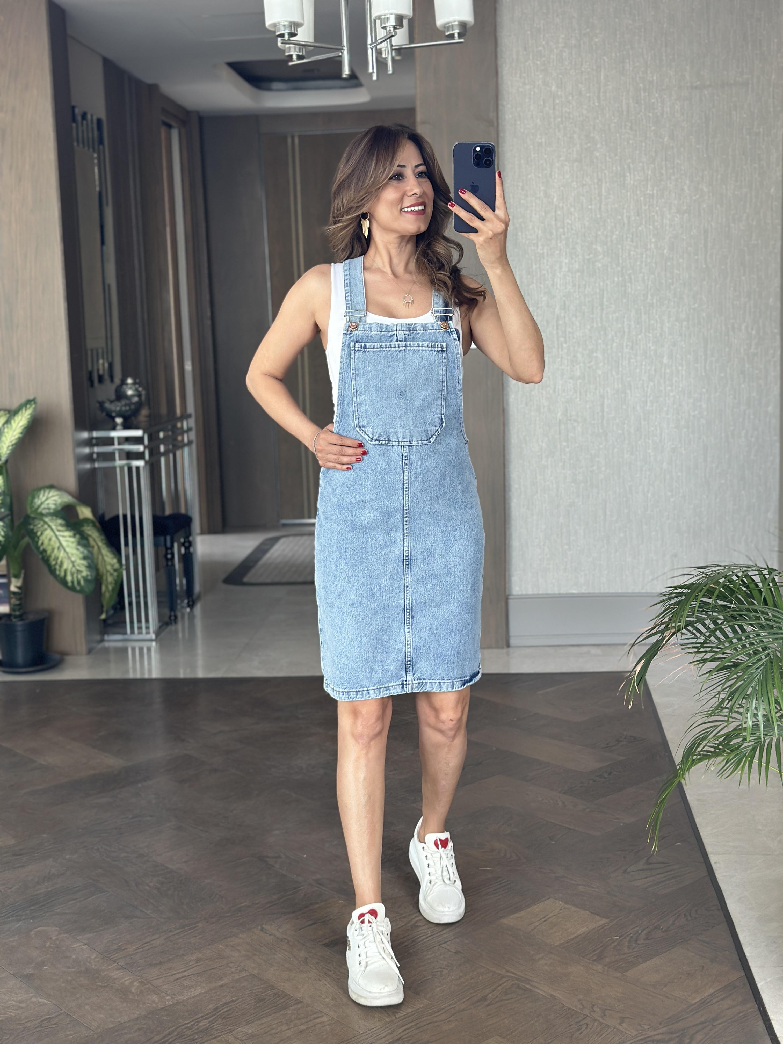 Açık Mavi Denim Önü Cepli Kadın Salopet Elbise