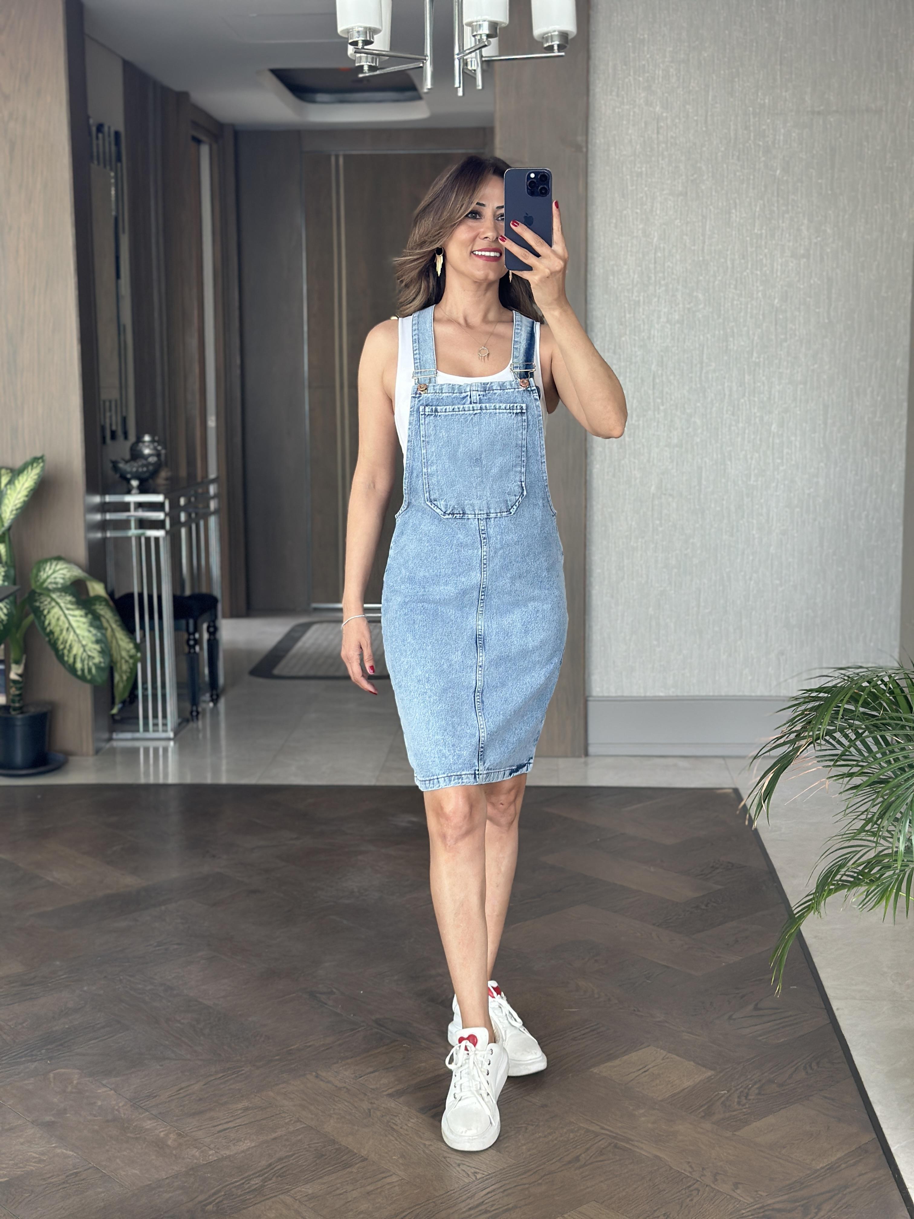 Açık Mavi Denim Önü Cepli Kadın Salopet Elbise