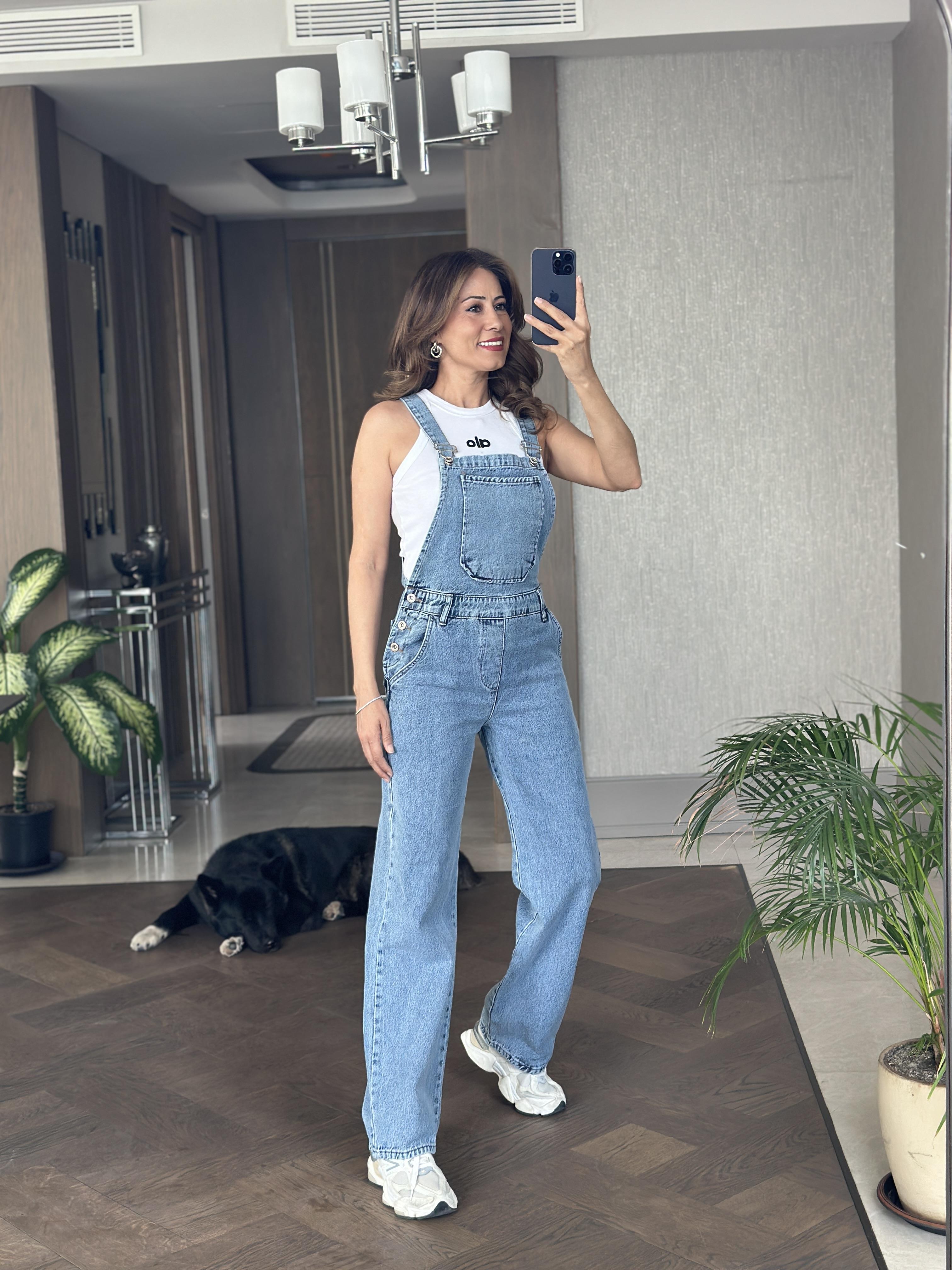 Açık Mavi Geniş Paça Askılı Kadın Kot Salopet