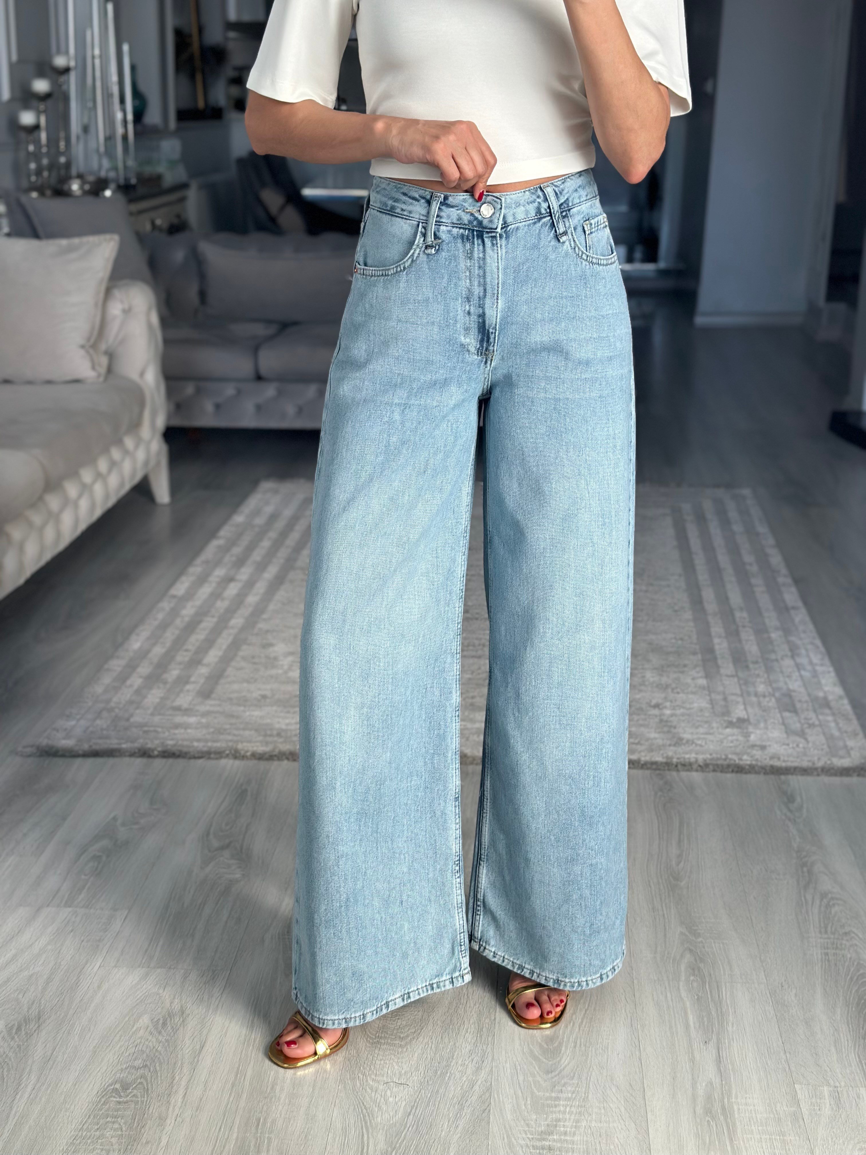 Açık Mavi Tensel Ultra Wide Leg Kadın Jean Pantolon