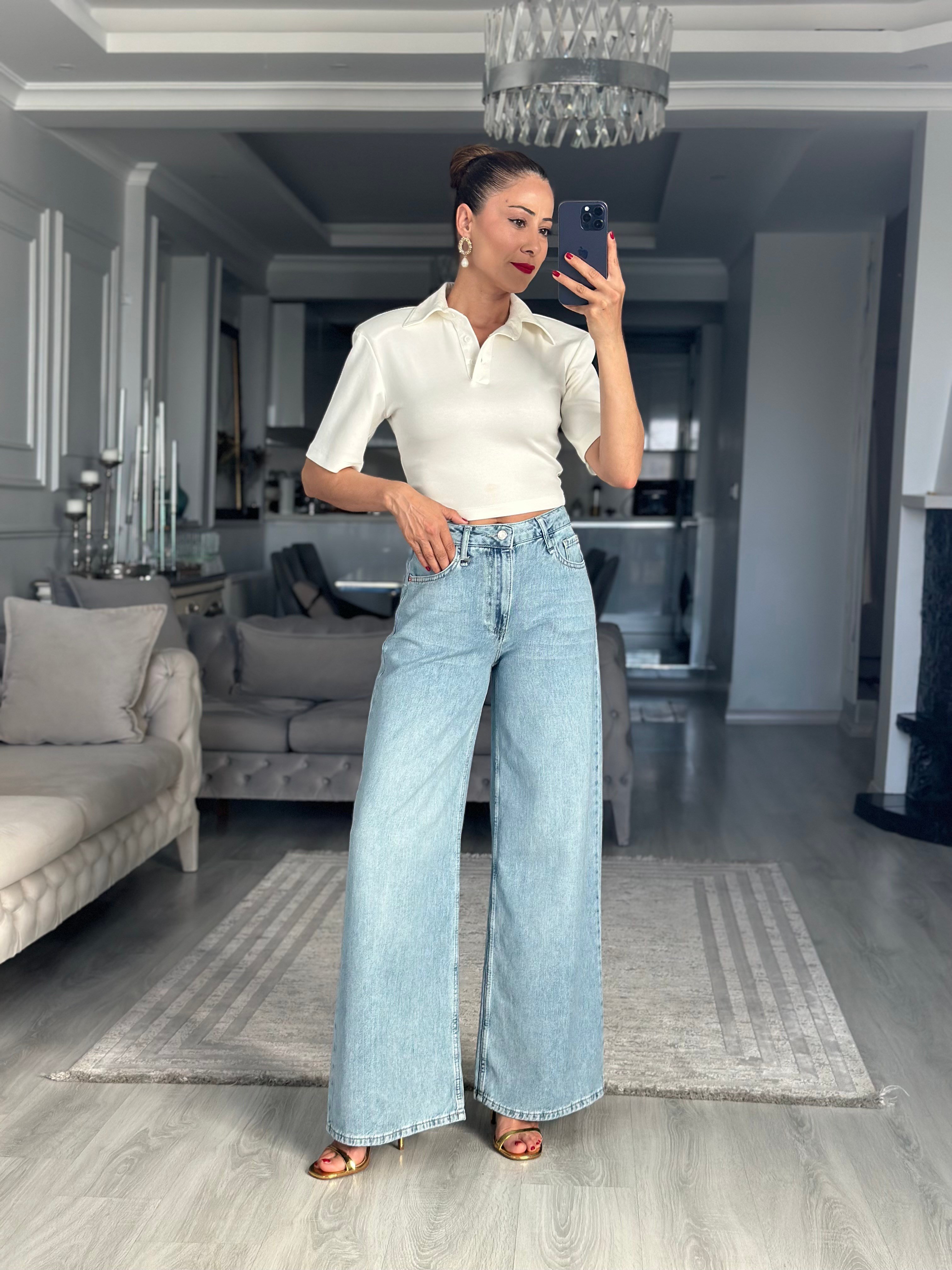 Açık Mavi Tensel Ultra Wide Leg Kadın Jean Pantolon