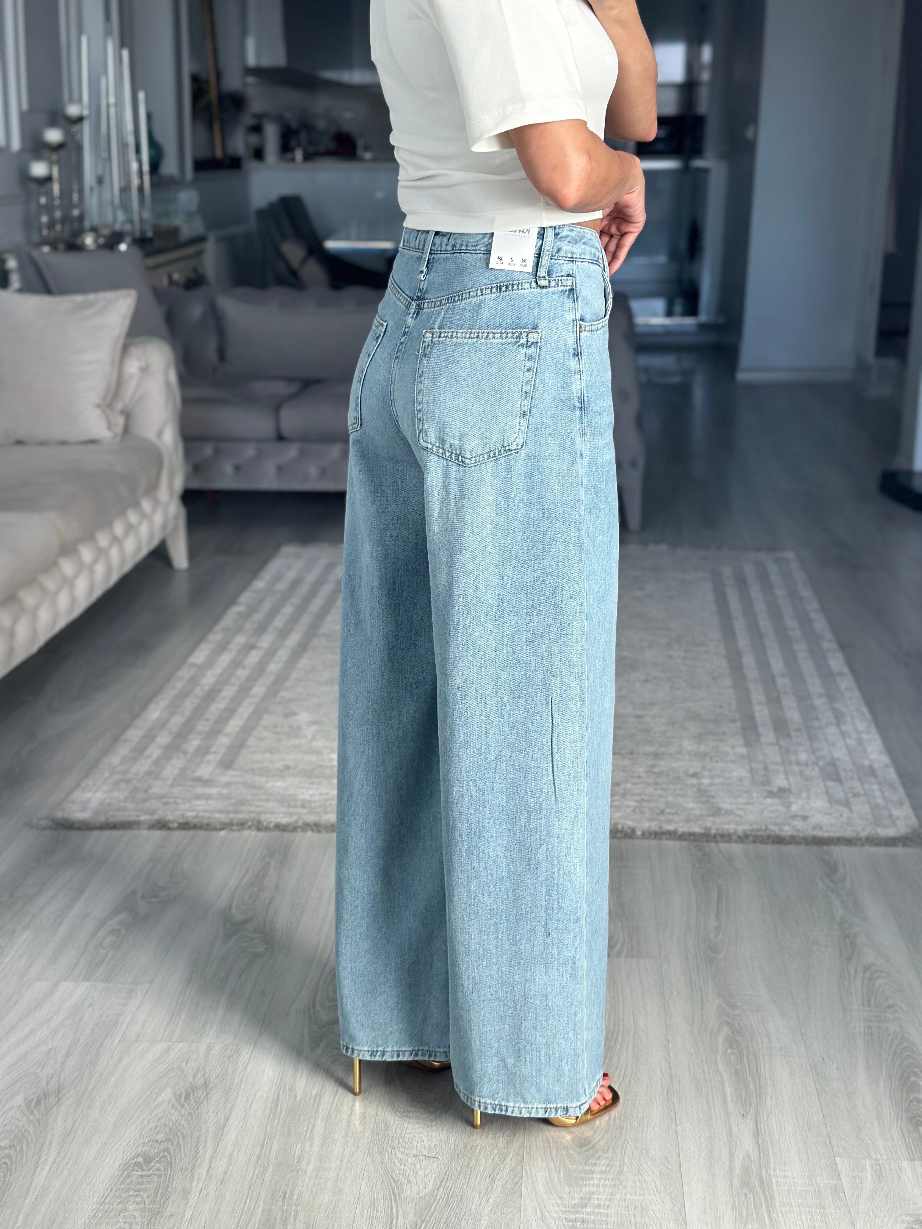 Açık Mavi Tensel Ultra Wide Leg Kadın Jean Pantolon