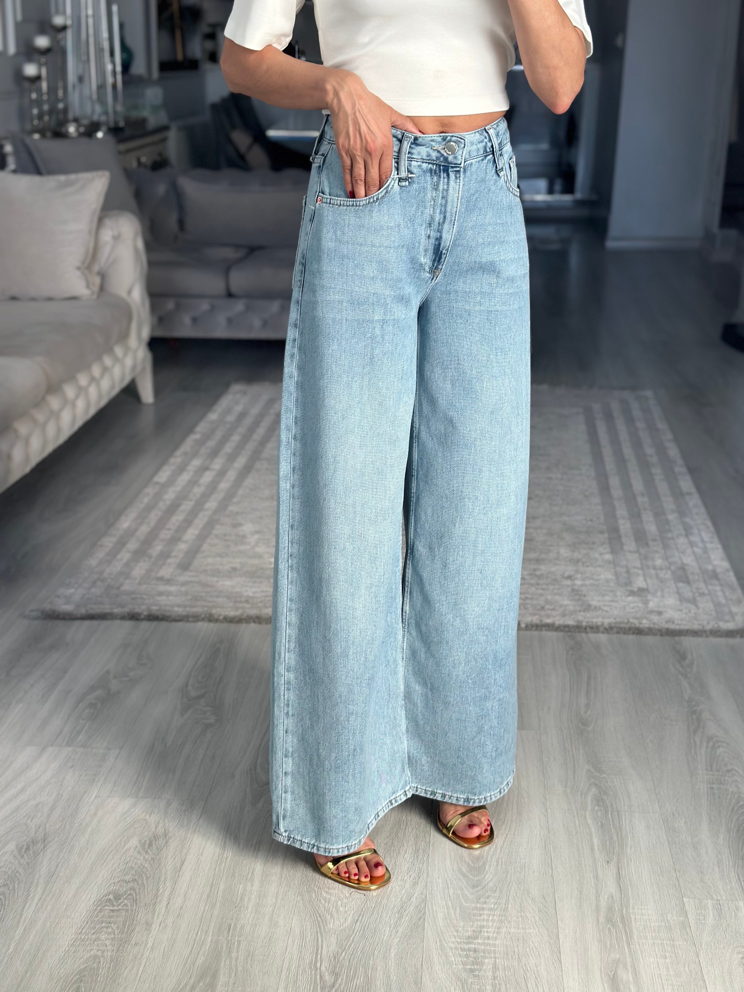 Açık Mavi Tensel Ultra Wide Leg Kadın Jean Pantolon