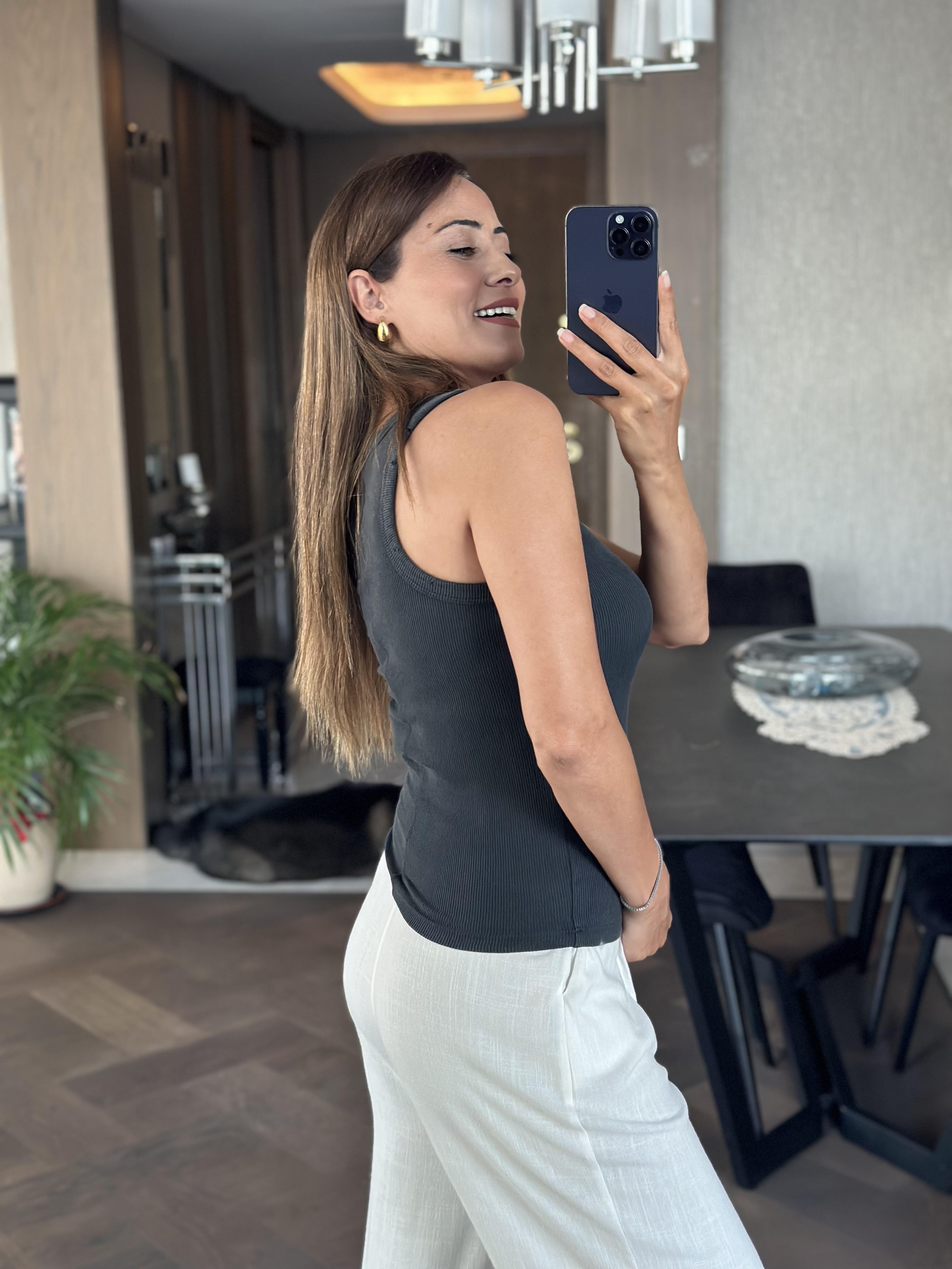 Antrasit Arkası Dikiş Detay Yıkamalı Halter Yaka Kadın Kaşkorse Body