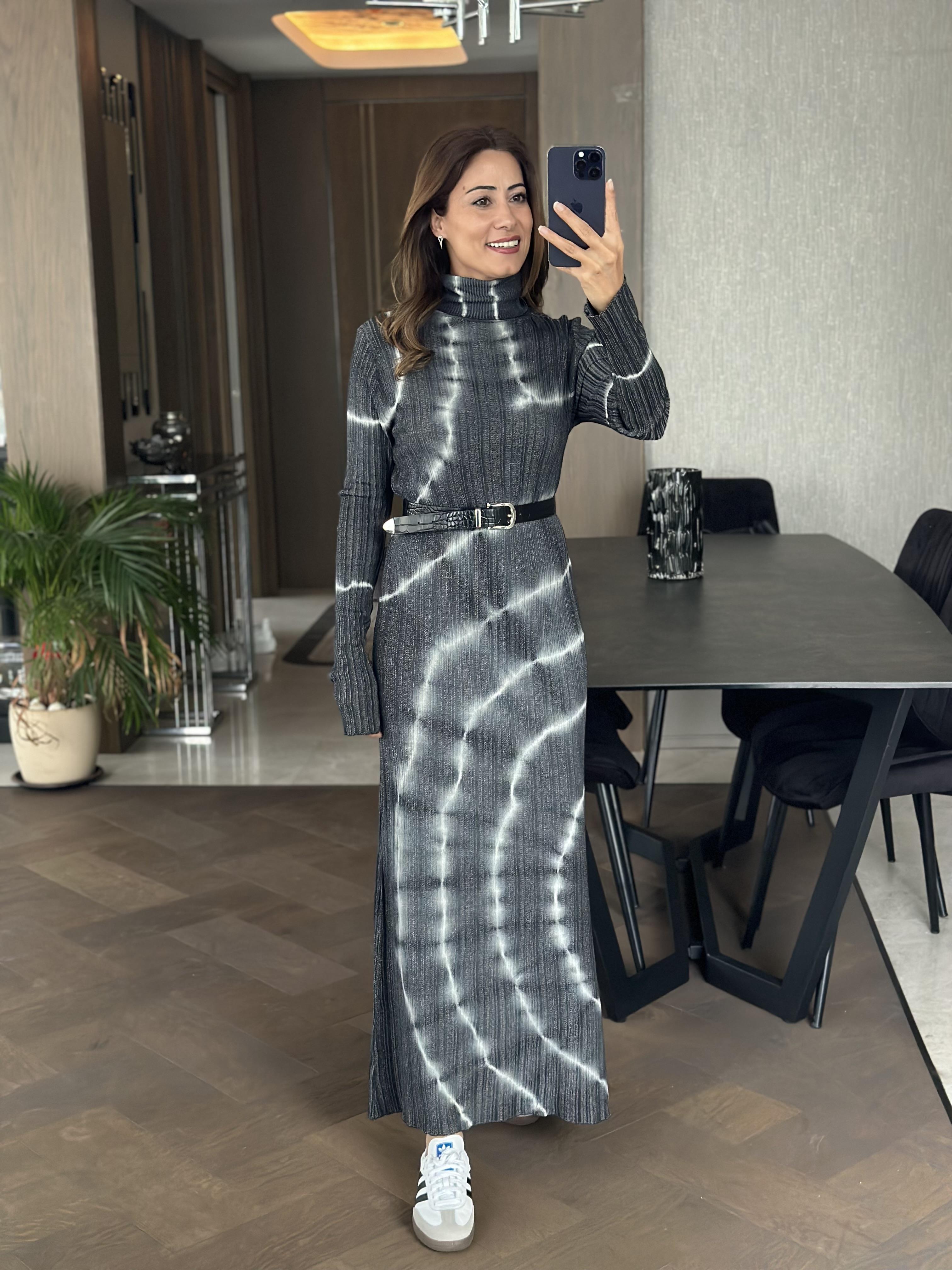 Antrasit Balıkçı Batik Desen Maksi Boy Kadın Elbise