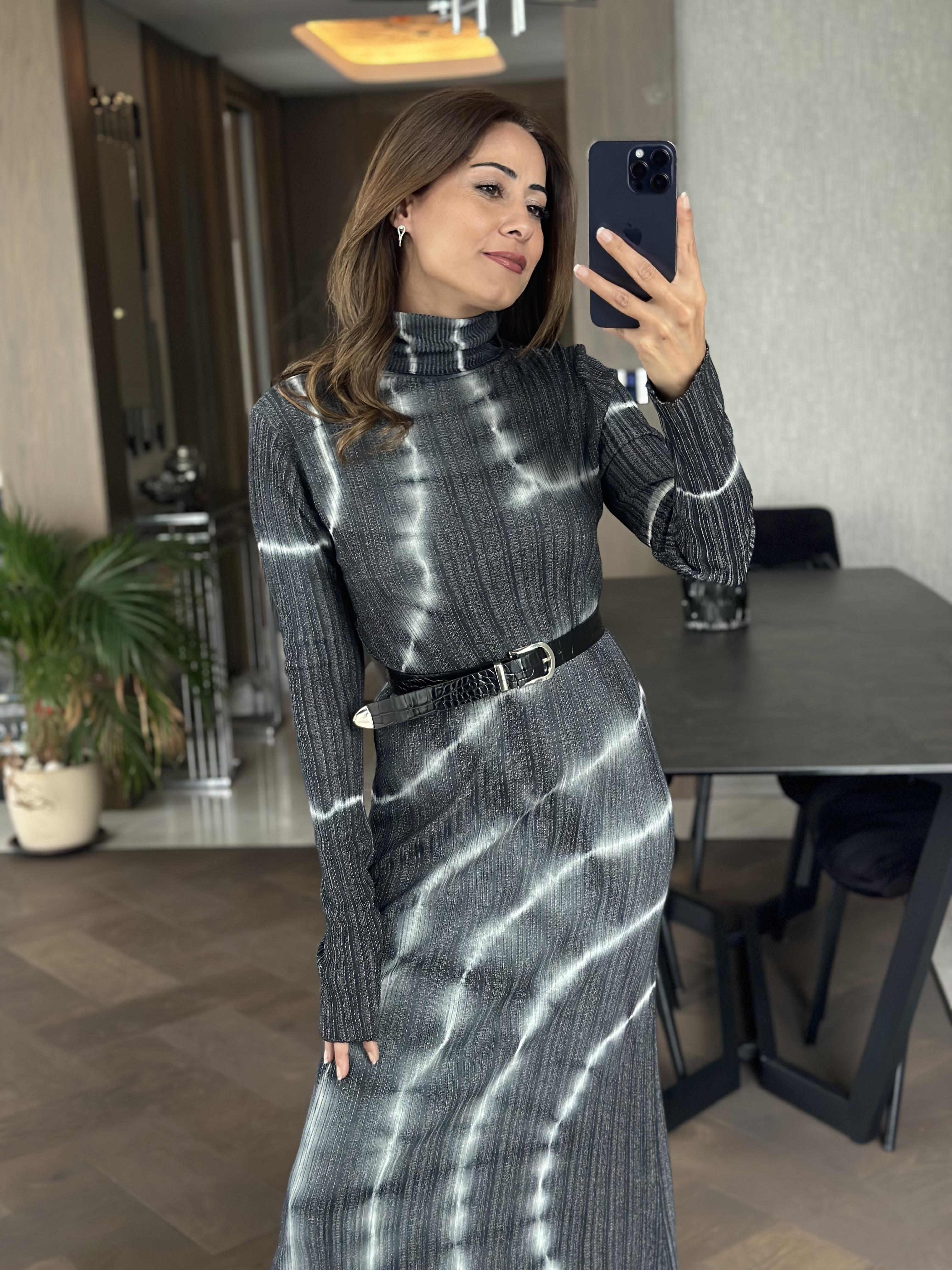 Antrasit Balıkçı Batik Desen Maksi Boy Kadın Elbise